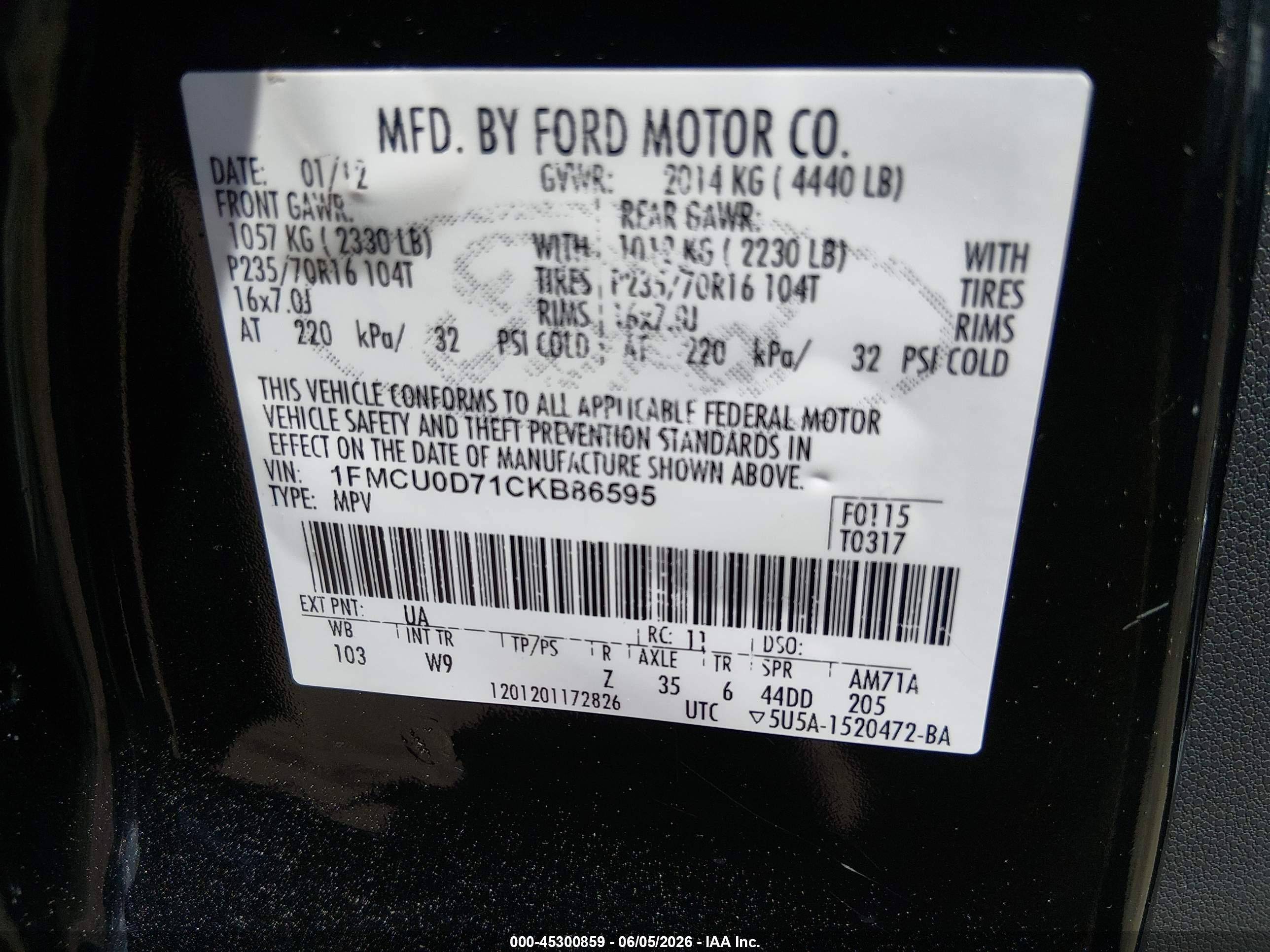 2012 Ford Escape Xlt Black vin: 1FMCU0D71CKB86595