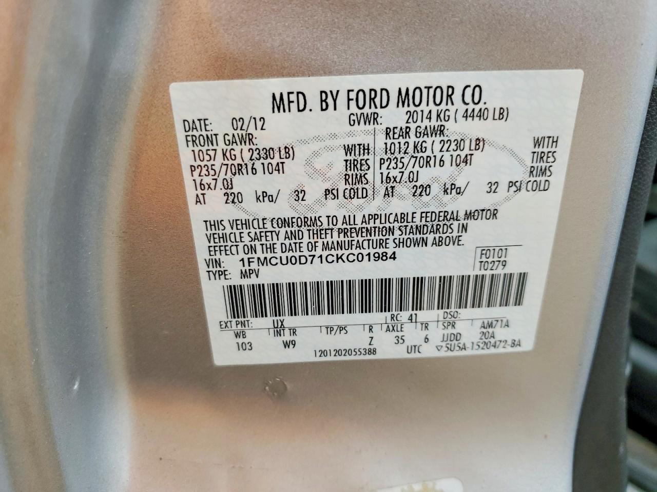 2012 Ford Escape Xlt Серебряный vin: 1FMCU0D71CKC01984