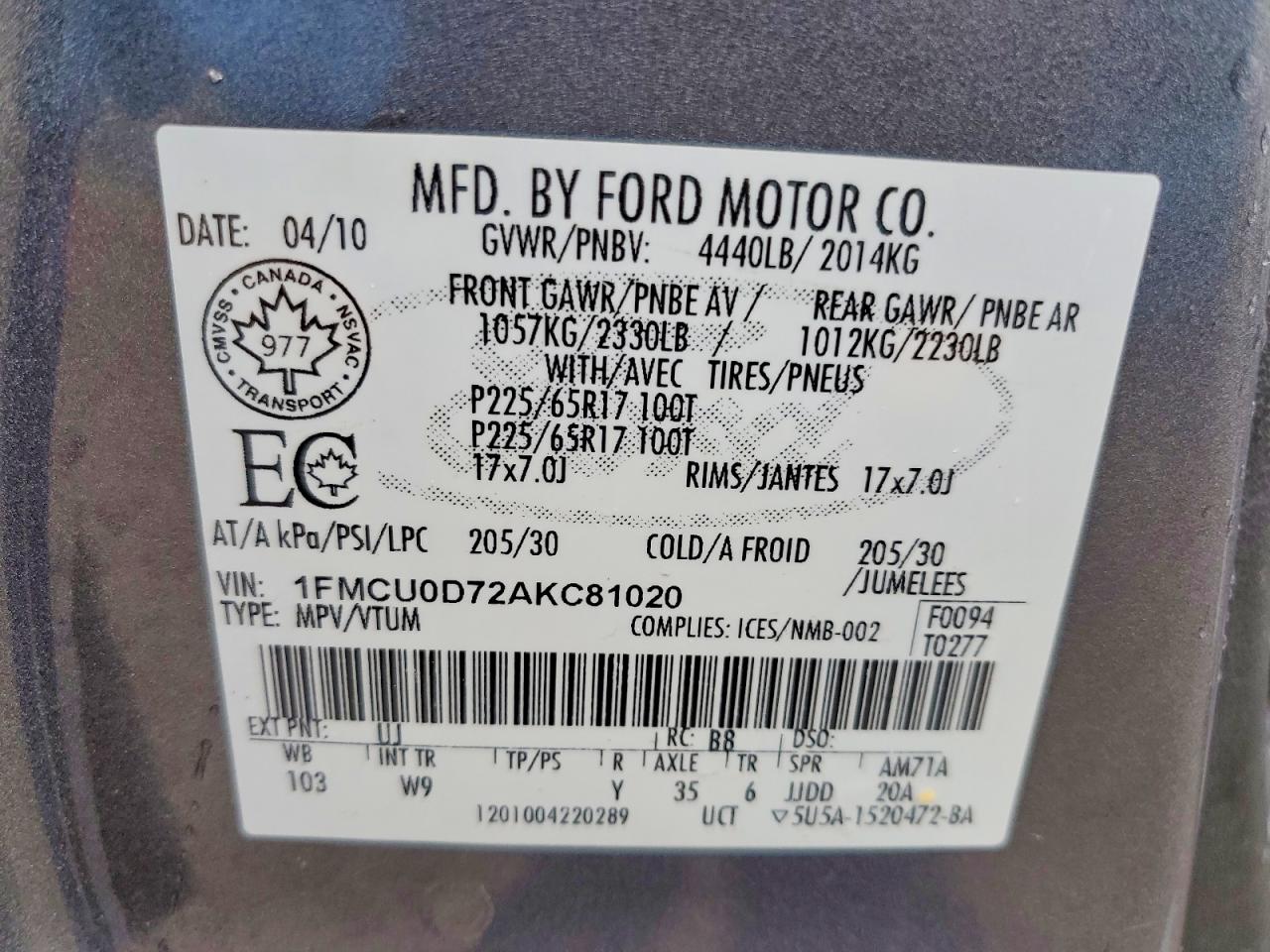 2010 Ford Escape Xlt Gray vin: 1FMCU0D72AKC81020