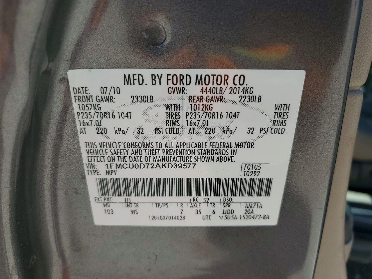 2010 Ford Escape Xlt Gray vin: 1FMCU0D72AKD39577