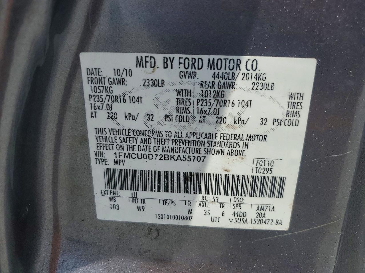 2011 Ford Escape Xlt Серый vin: 1FMCU0D72BKA55707