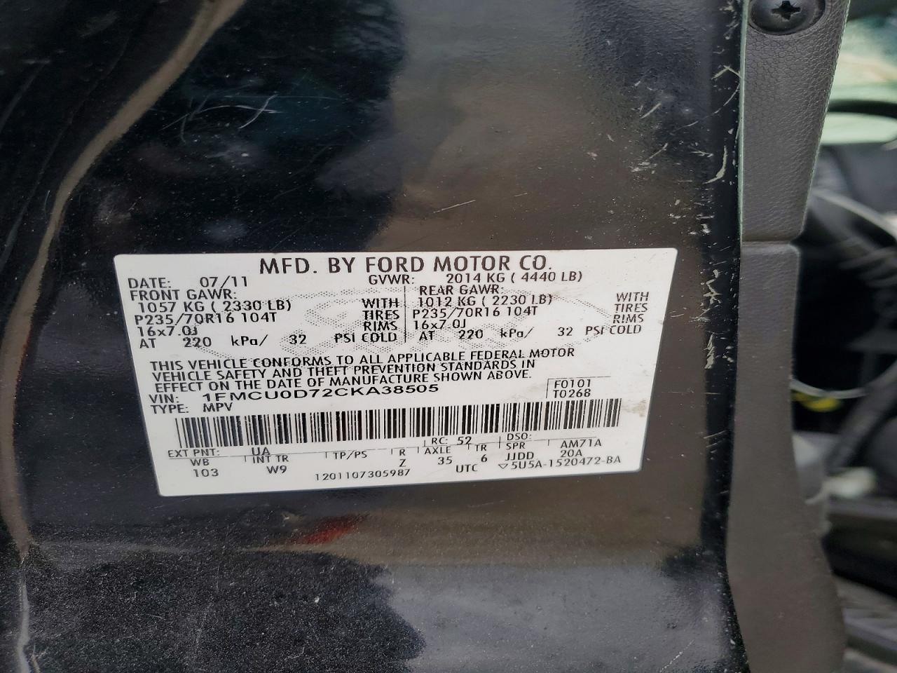 2012 Ford Escape Xlt Black vin: 1FMCU0D72CKA38505