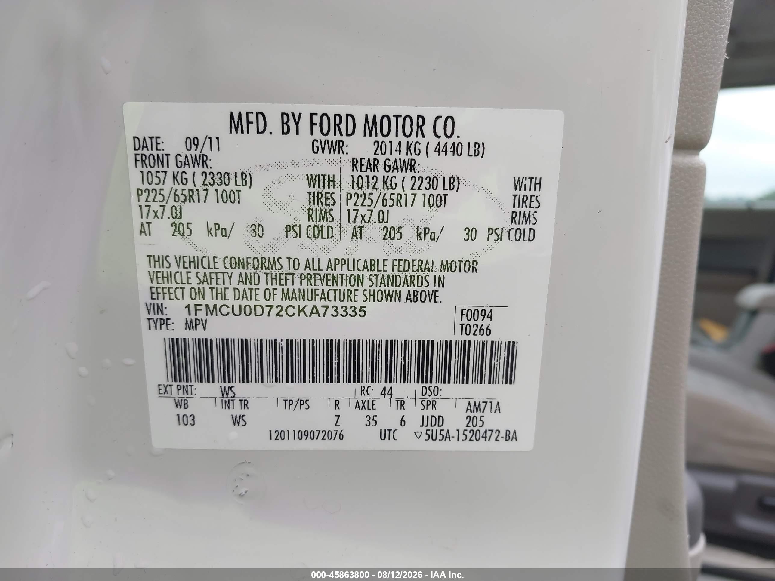 2012 Ford Escape Xlt White vin: 1FMCU0D72CKA73335