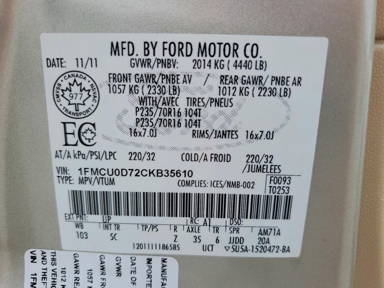 2012 Ford Escape Xlt Gold vin: 1FMCU0D72CKB35610