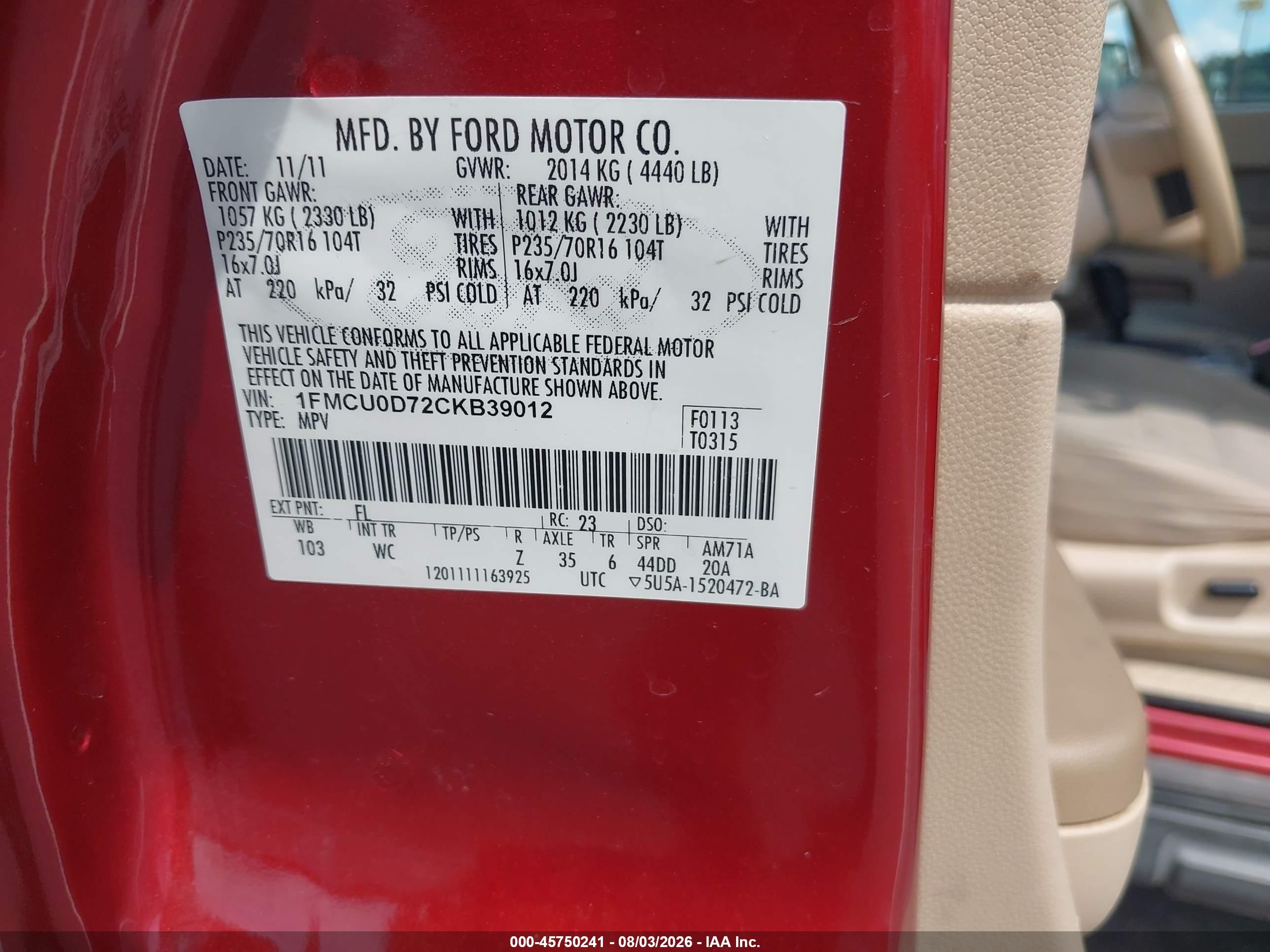 2012 Ford Escape Xlt Red vin: 1FMCU0D72CKB39012