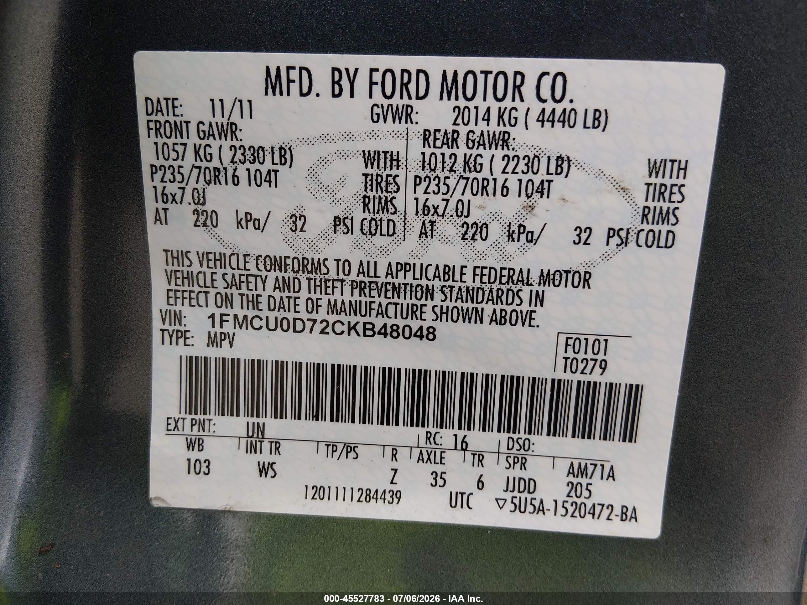 2012 Ford Escape Xlt Blue vin: 1FMCU0D72CKB48048