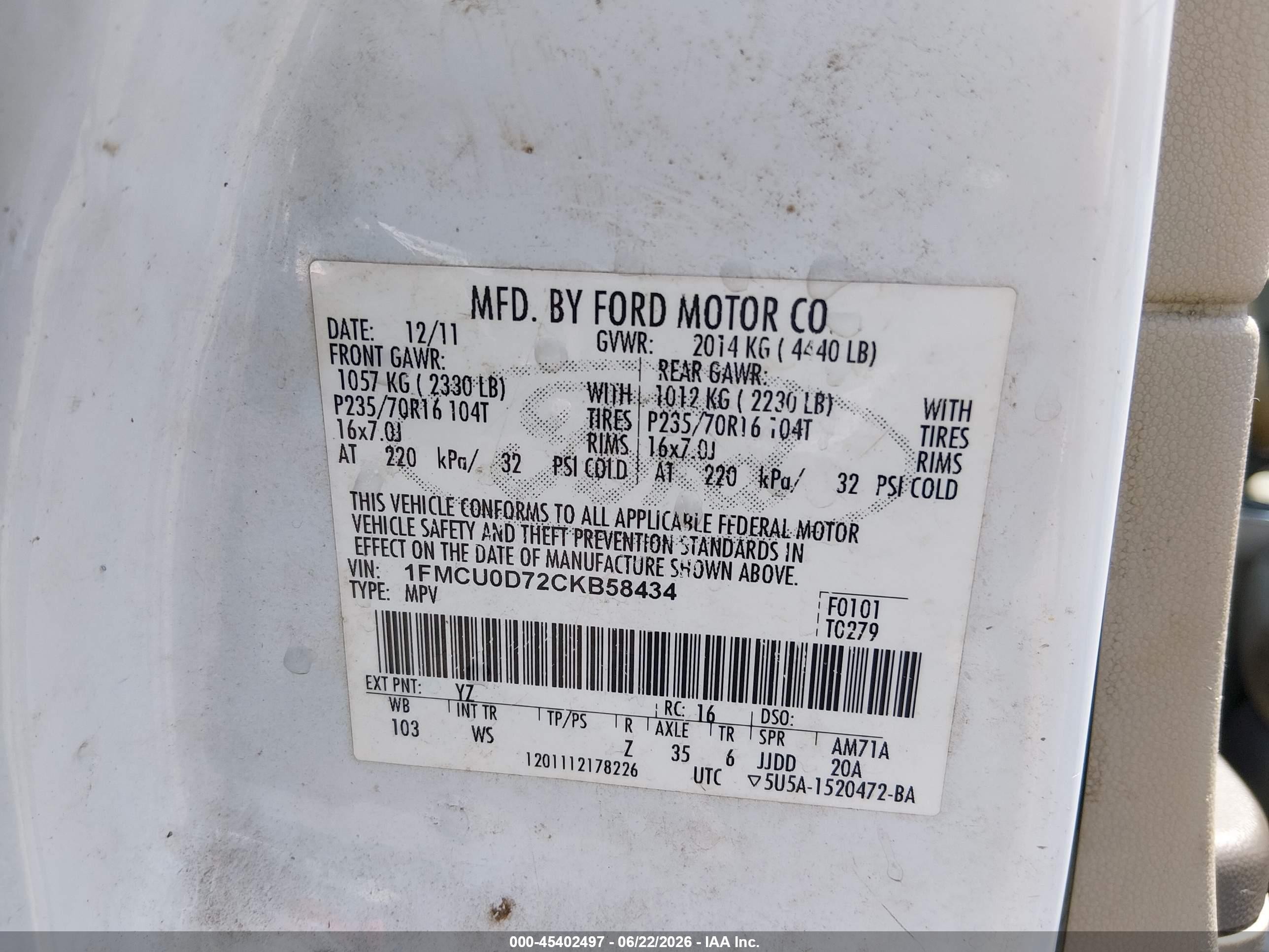 2012 Ford Escape Xlt White vin: 1FMCU0D72CKB58434