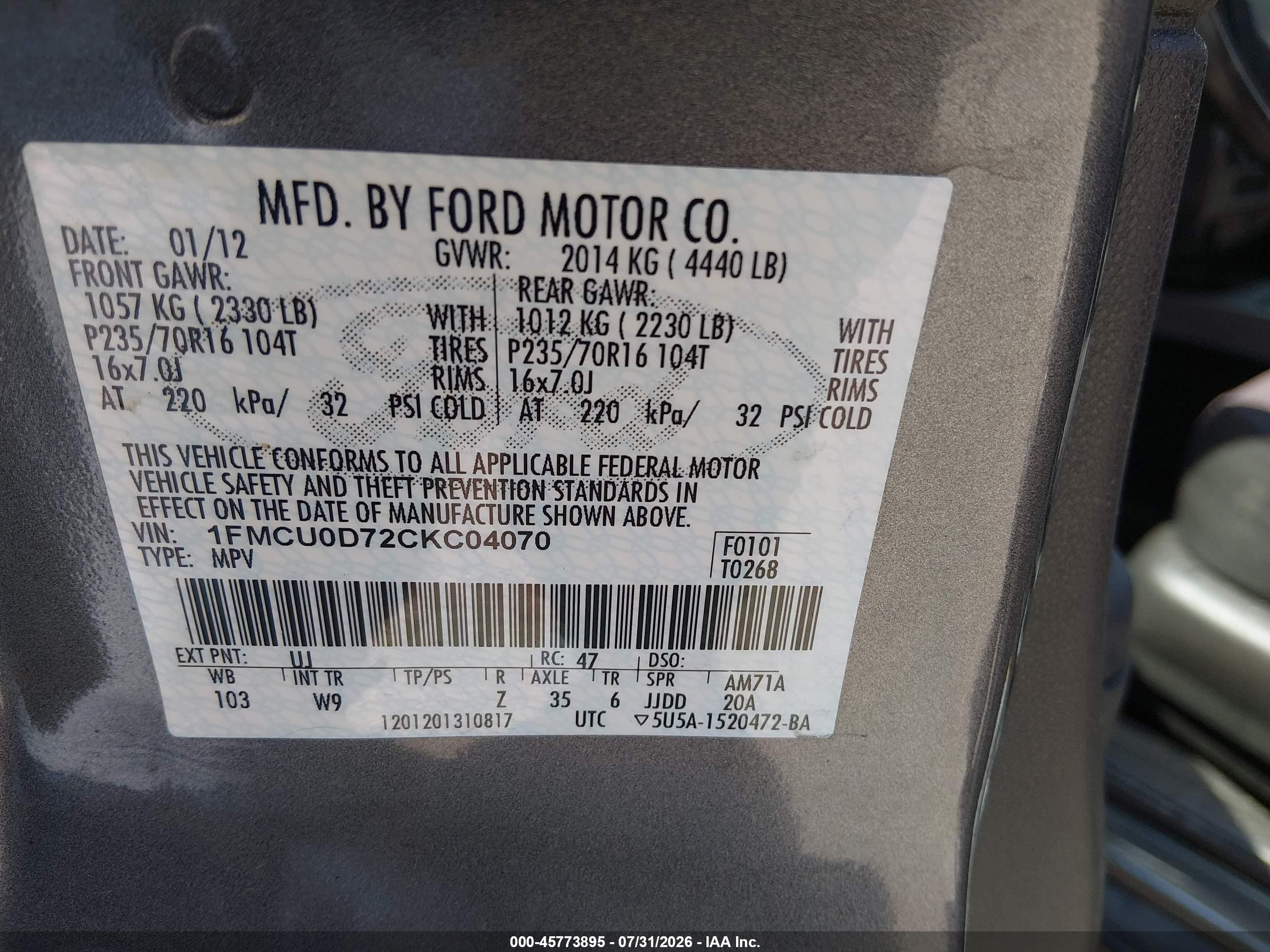 2012 Ford Escape Xlt Gray vin: 1FMCU0D72CKC04070