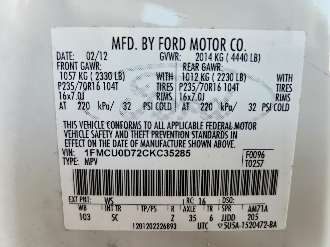 2012 Ford Escape Xlt White vin: 1FMCU0D72CKC35285