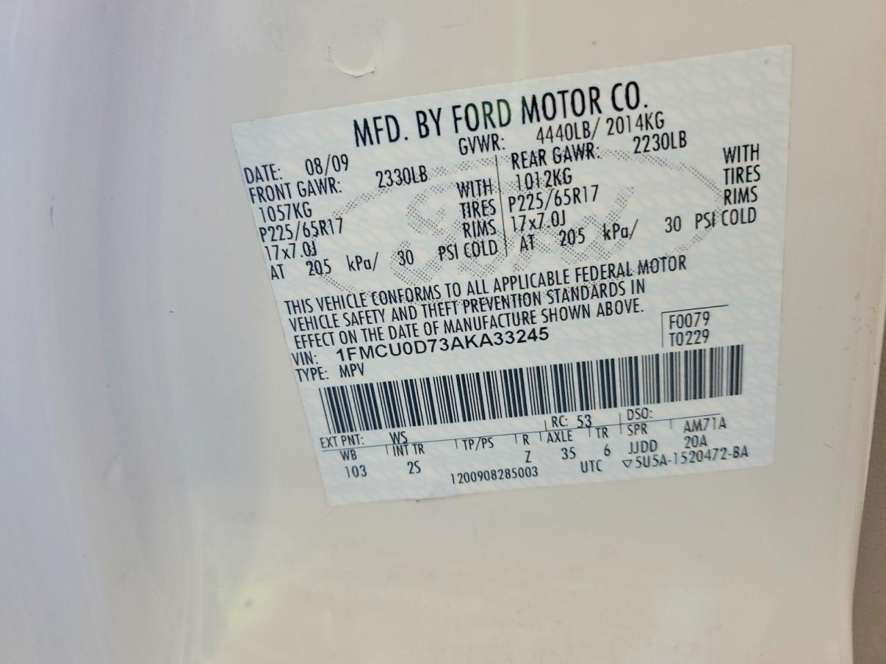 2010 Ford Escape Xlt White vin: 1FMCU0D73AKA33245