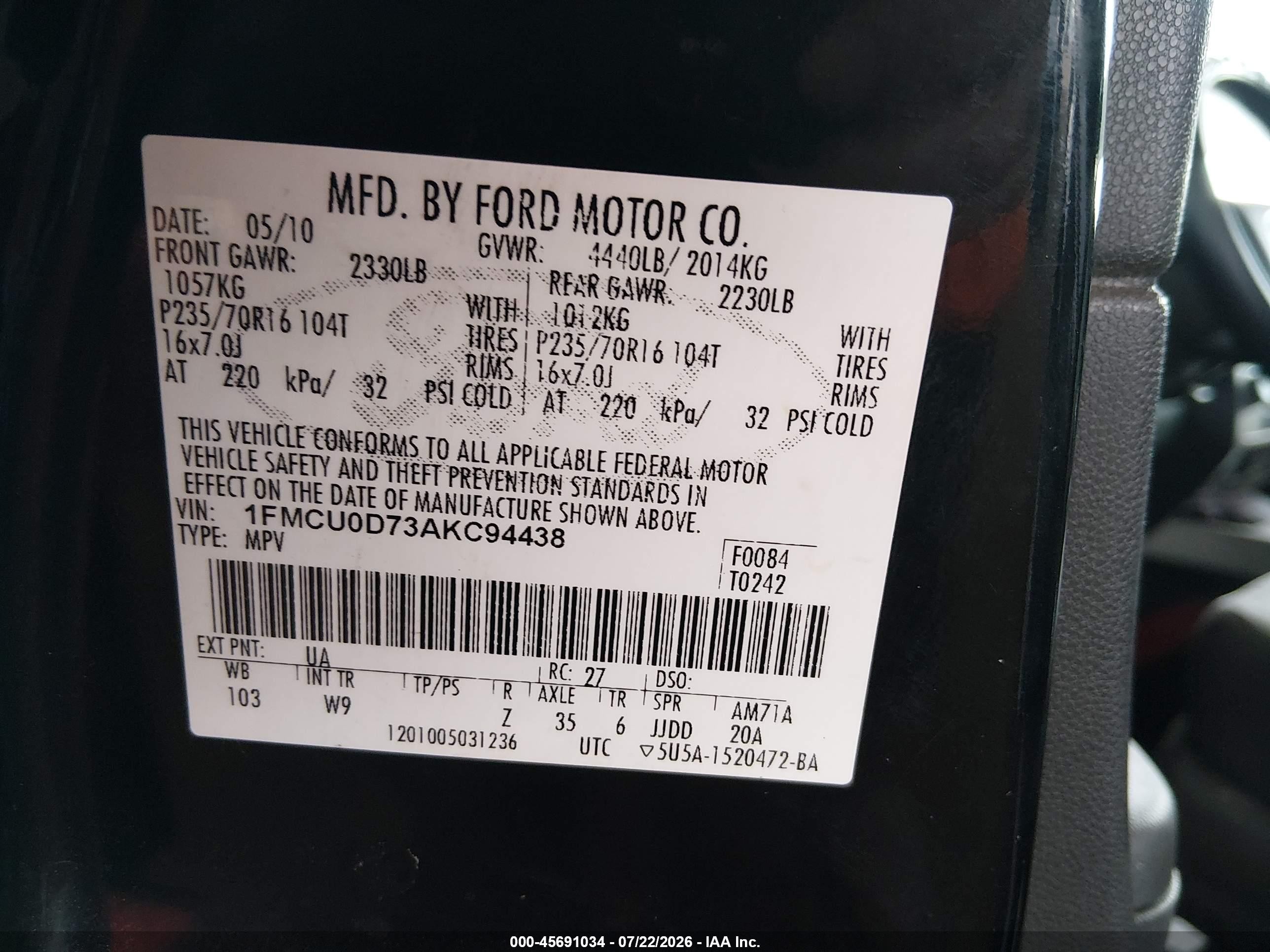 2010 Ford Escape Xlt Black vin: 1FMCU0D73AKC94438