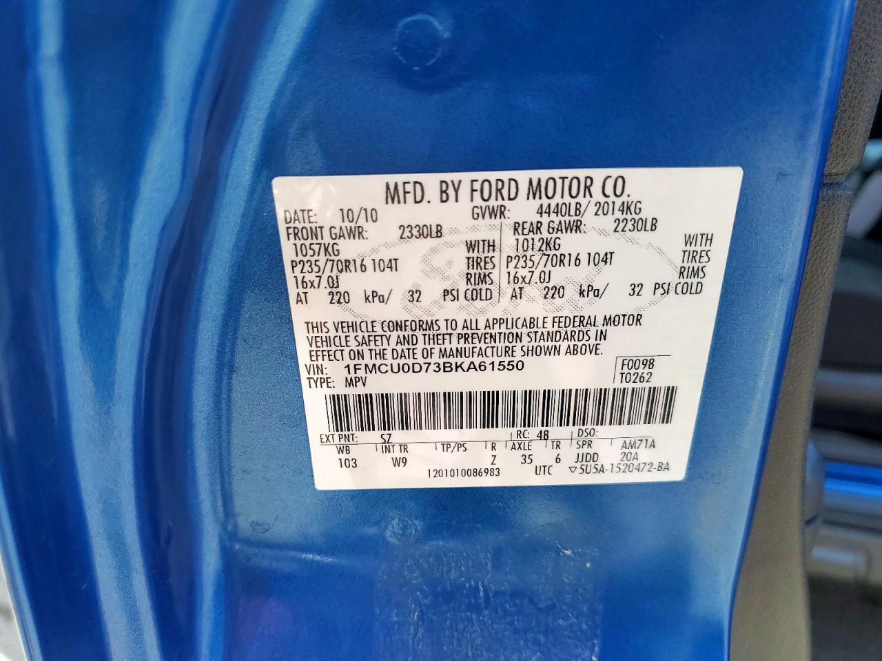 2011 Ford Escape Xlt Blue vin: 1FMCU0D73BKA61550