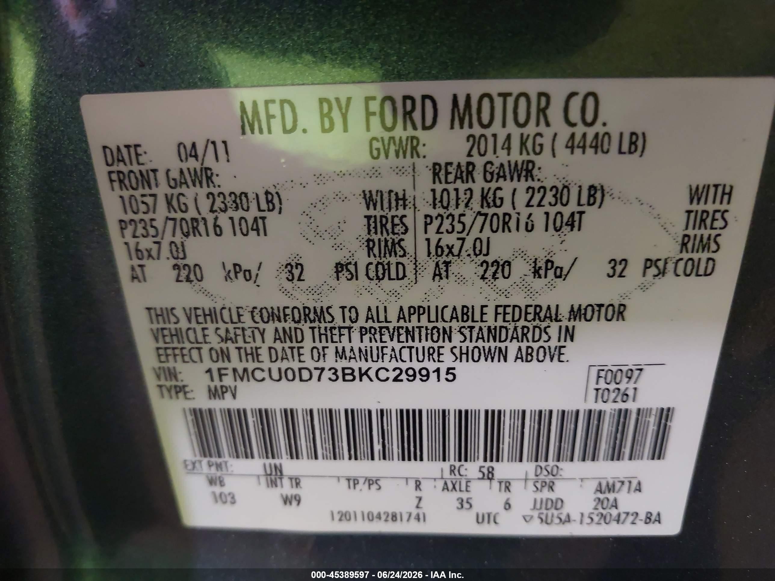 2011 Ford Escape Xlt Green vin: 1FMCU0D73BKC29915