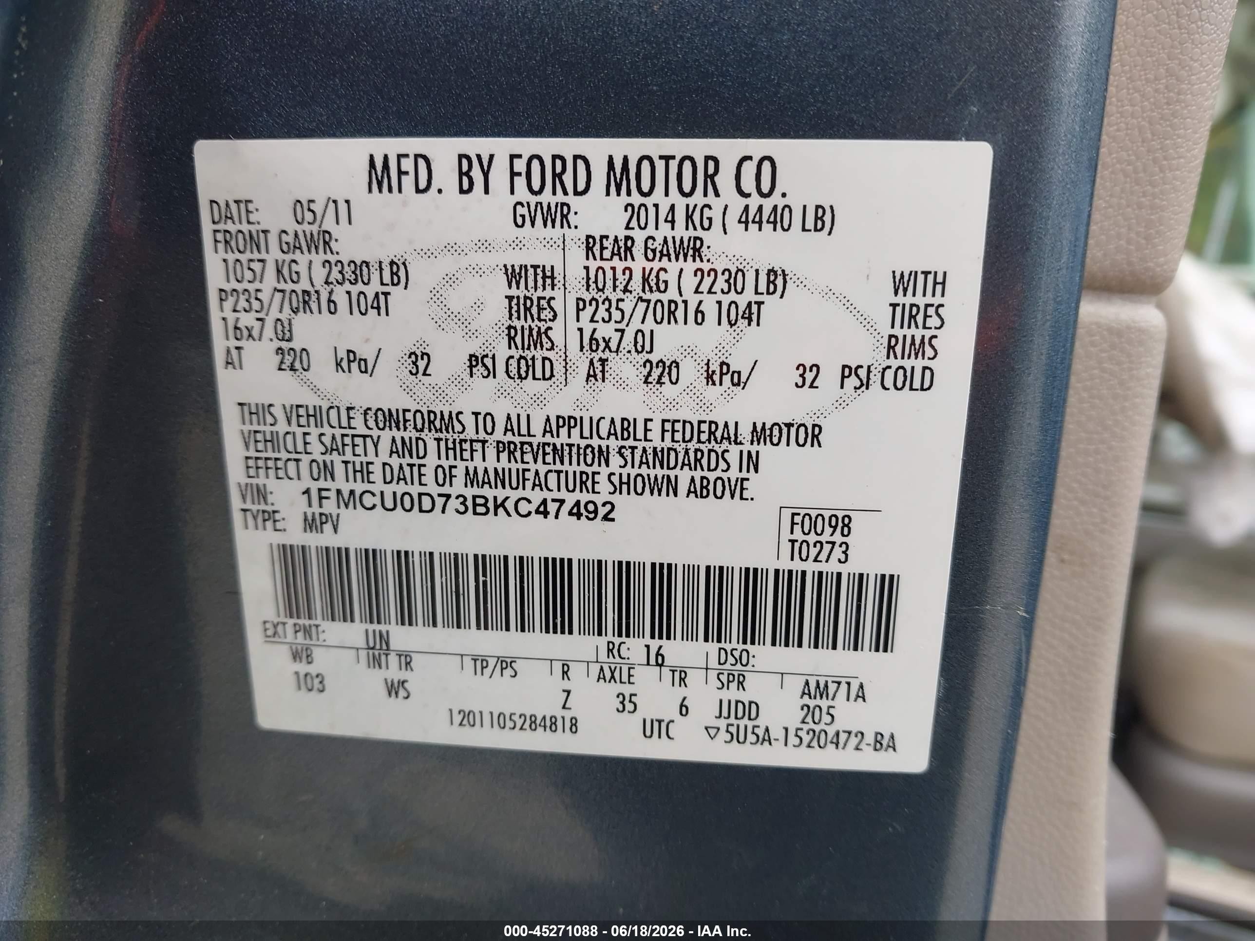 2011 Ford Escape Xlt Blue vin: 1FMCU0D73BKC47492