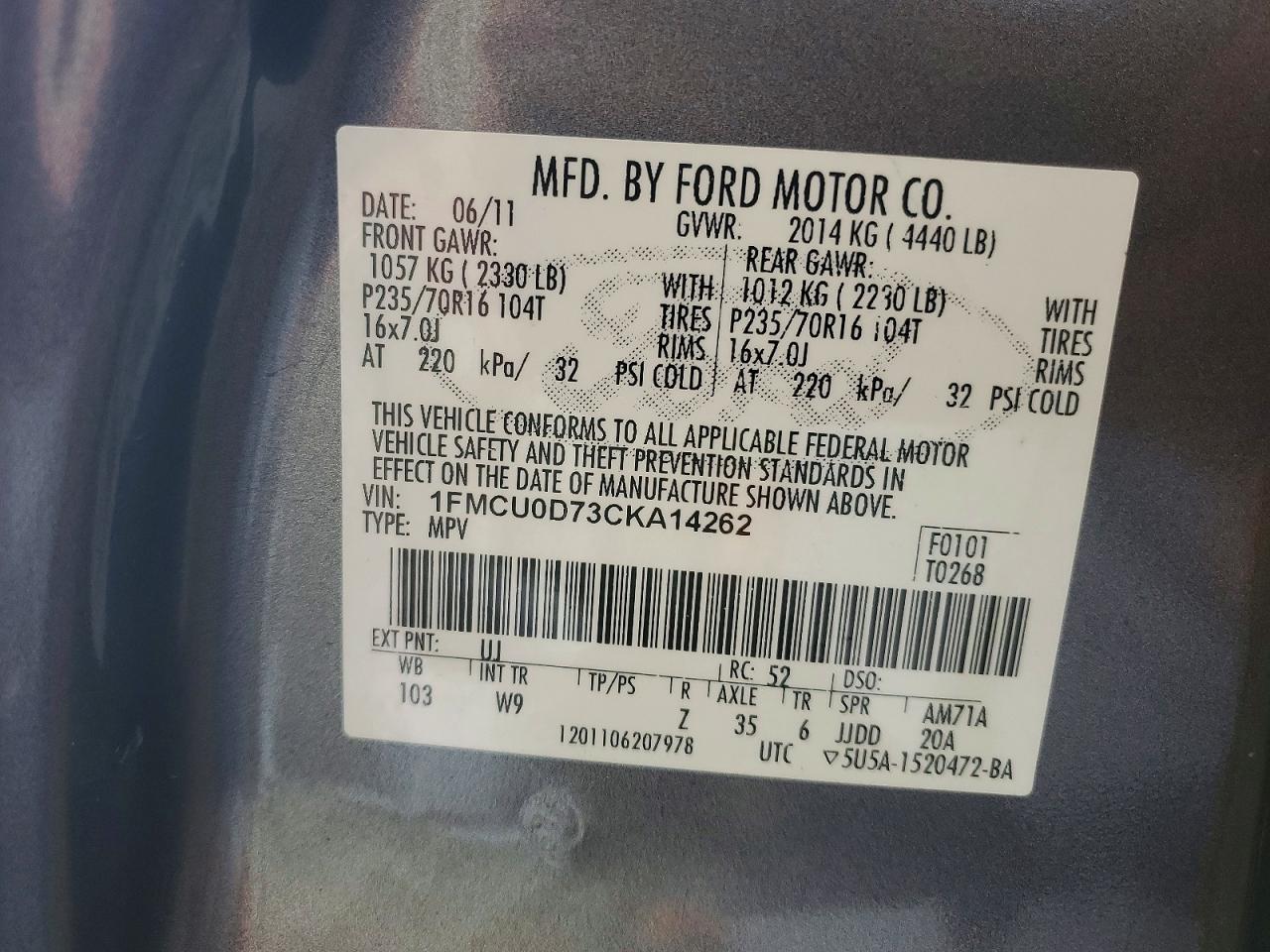 2012 Ford Escape Xlt Gray vin: 1FMCU0D73CKA14262