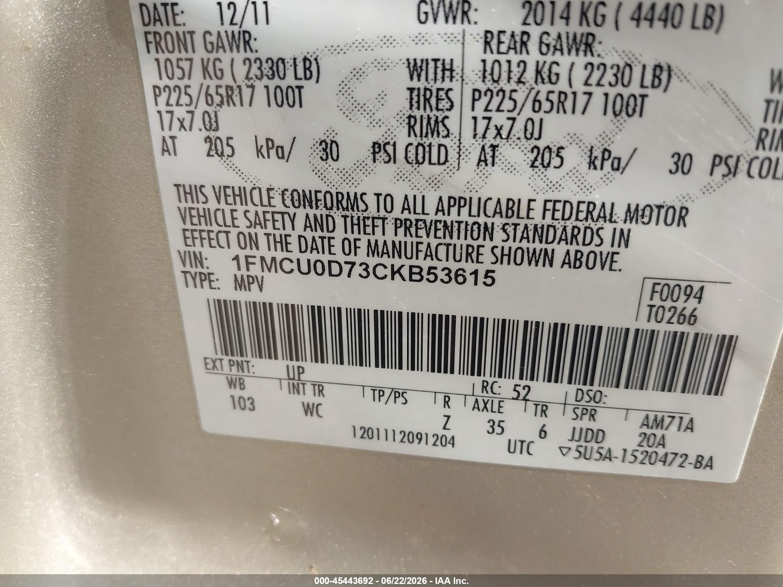 2012 Ford Escape Xlt Tan vin: 1FMCU0D73CKB53615