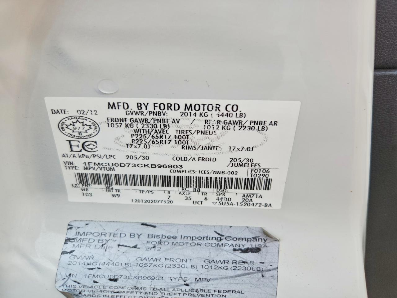 2012 Ford Escape Xlt White vin: 1FMCU0D73CKB96903