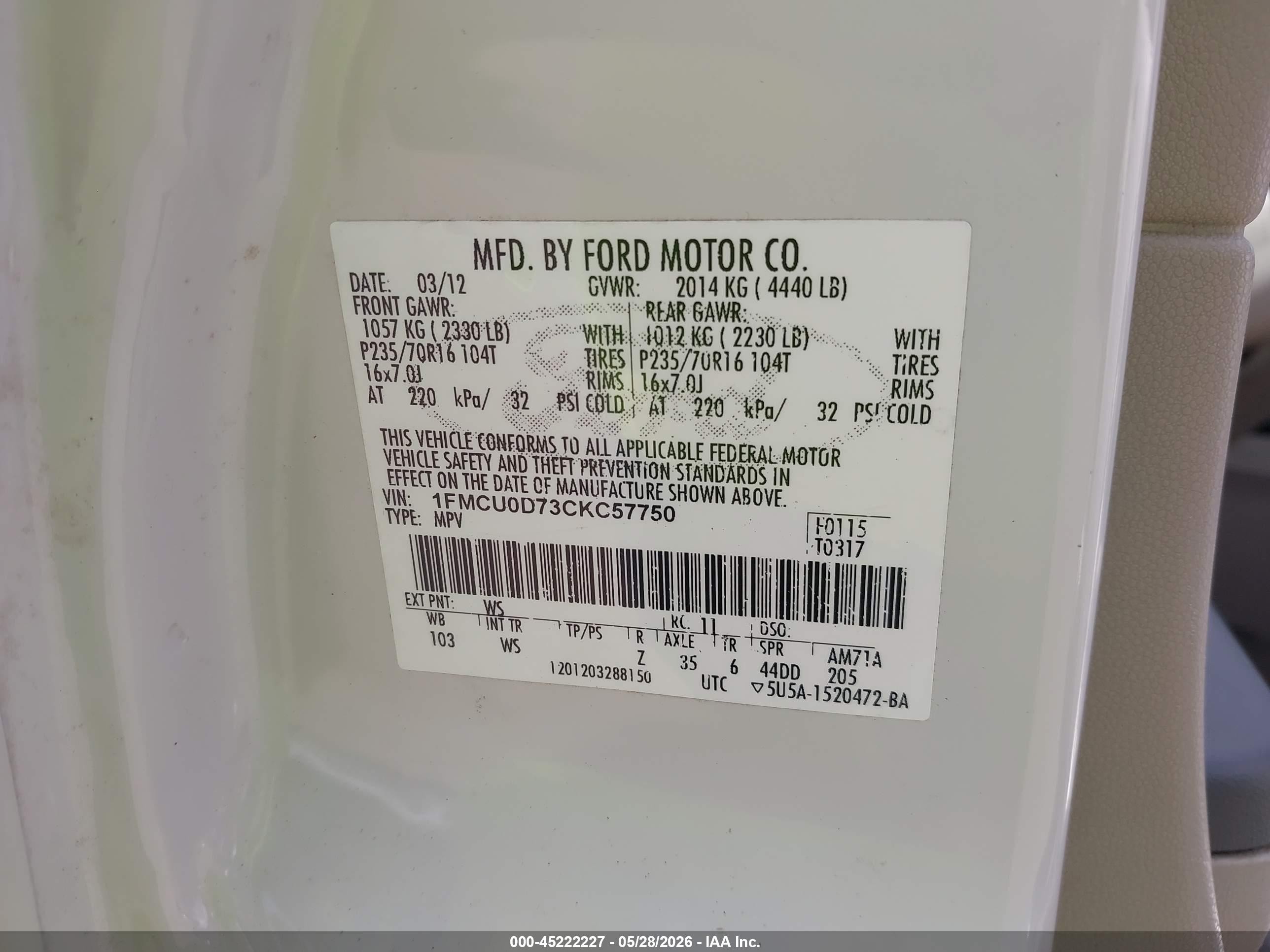 2012 Ford Escape Xlt Белый vin: 1FMCU0D73CKC57750
