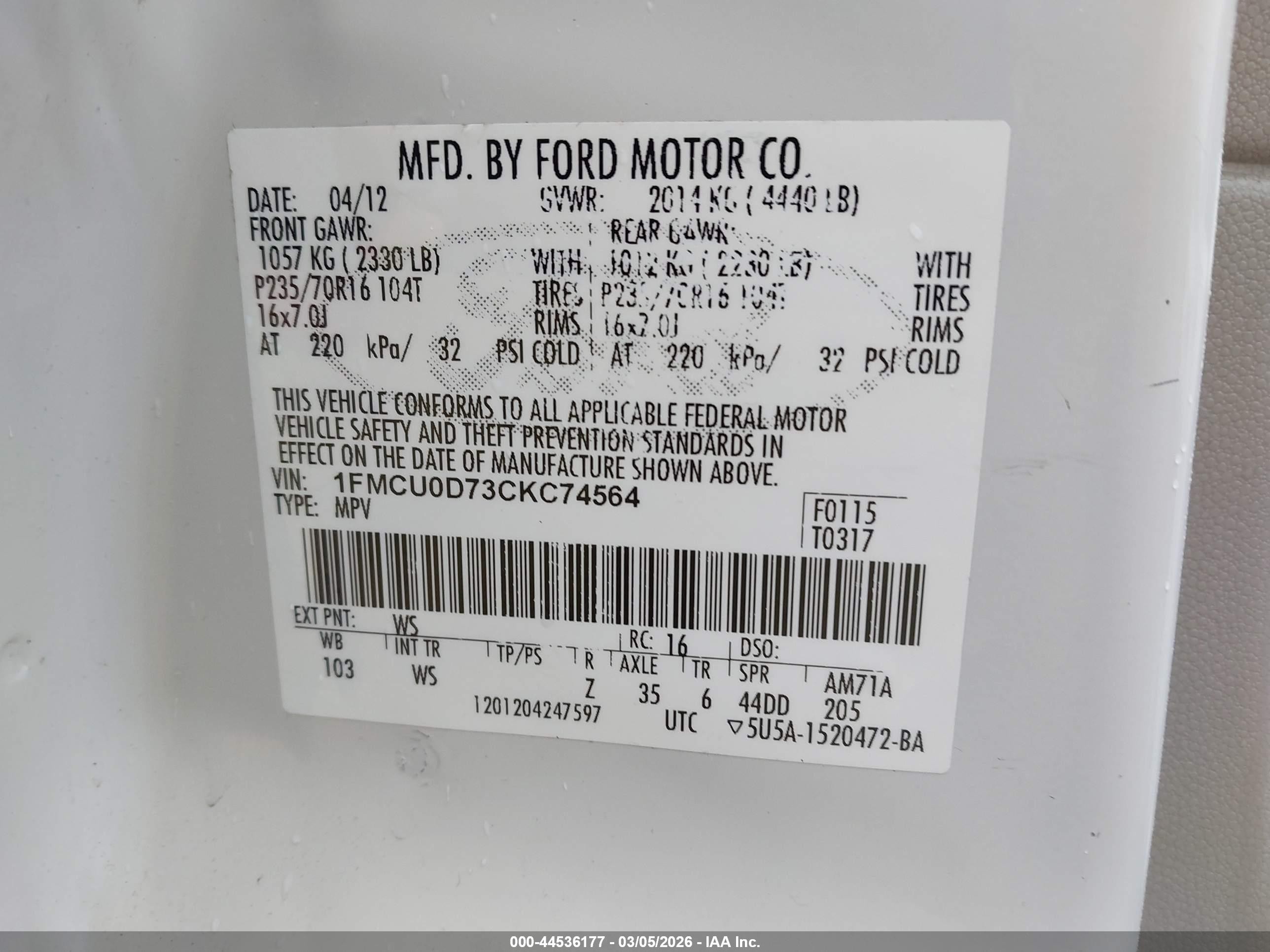 2012 Ford Escape Xlt White vin: 1FMCU0D73CKC74564