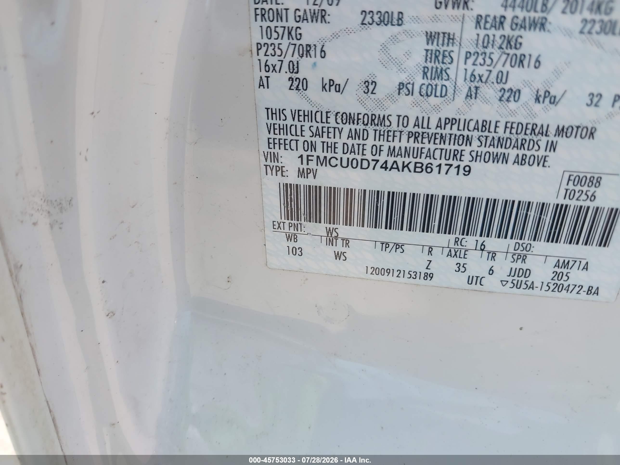 2010 Ford Escape Xlt White vin: 1FMCU0D74AKB61719