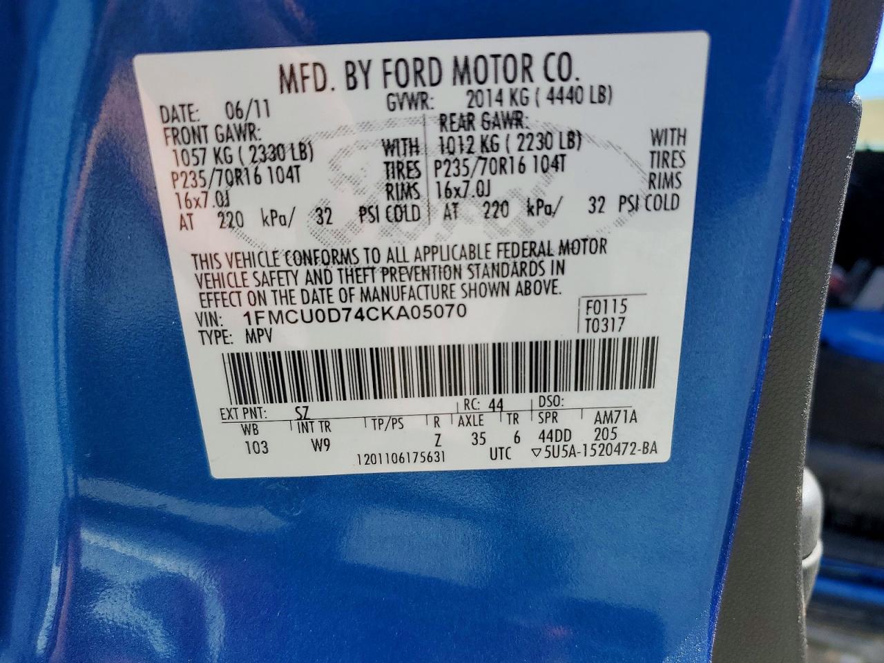 2012 Ford Escape Xlt Blue vin: 1FMCU0D74CKA05070