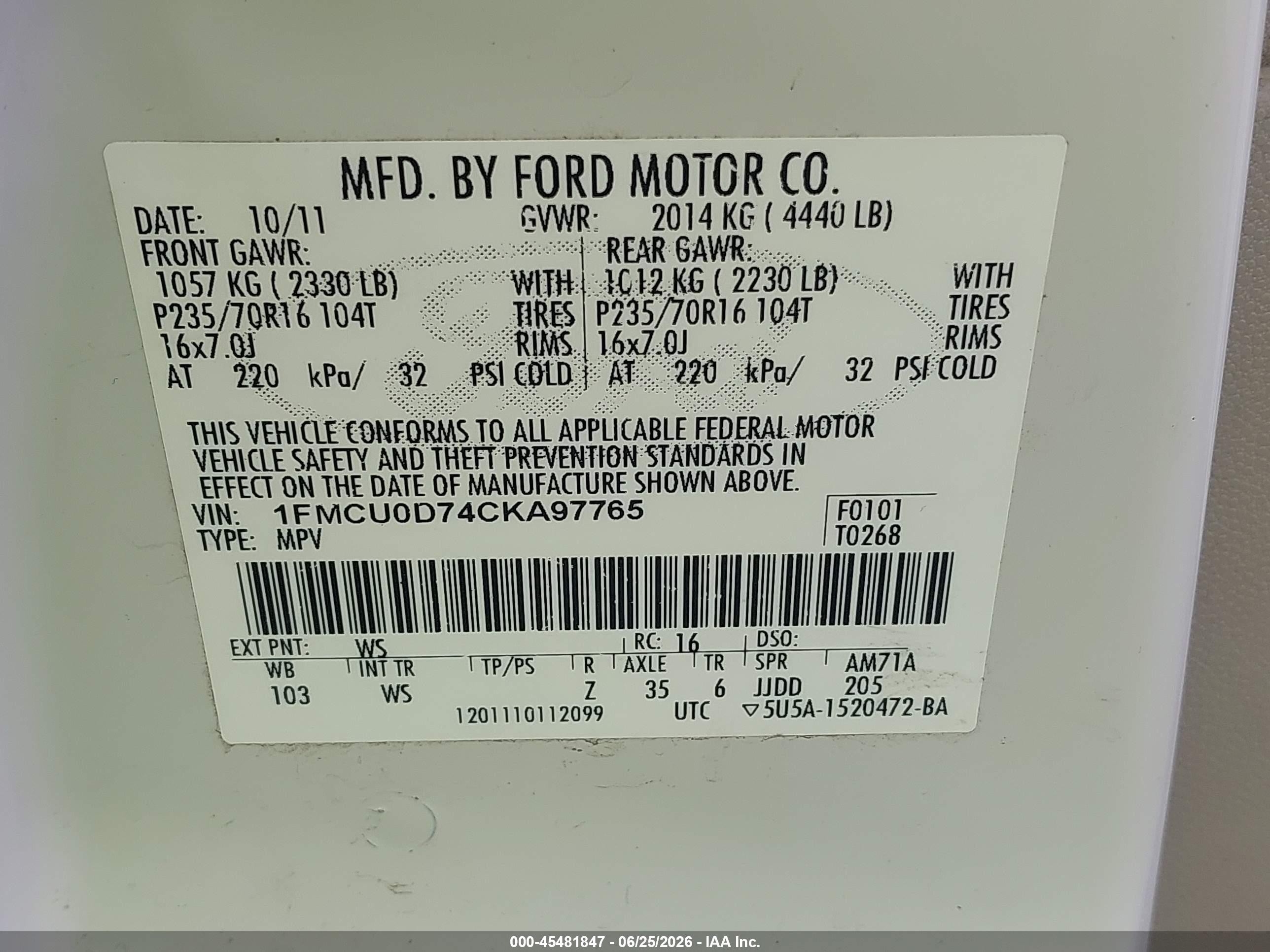 2012 Ford Escape Xlt White vin: 1FMCU0D74CKA97765