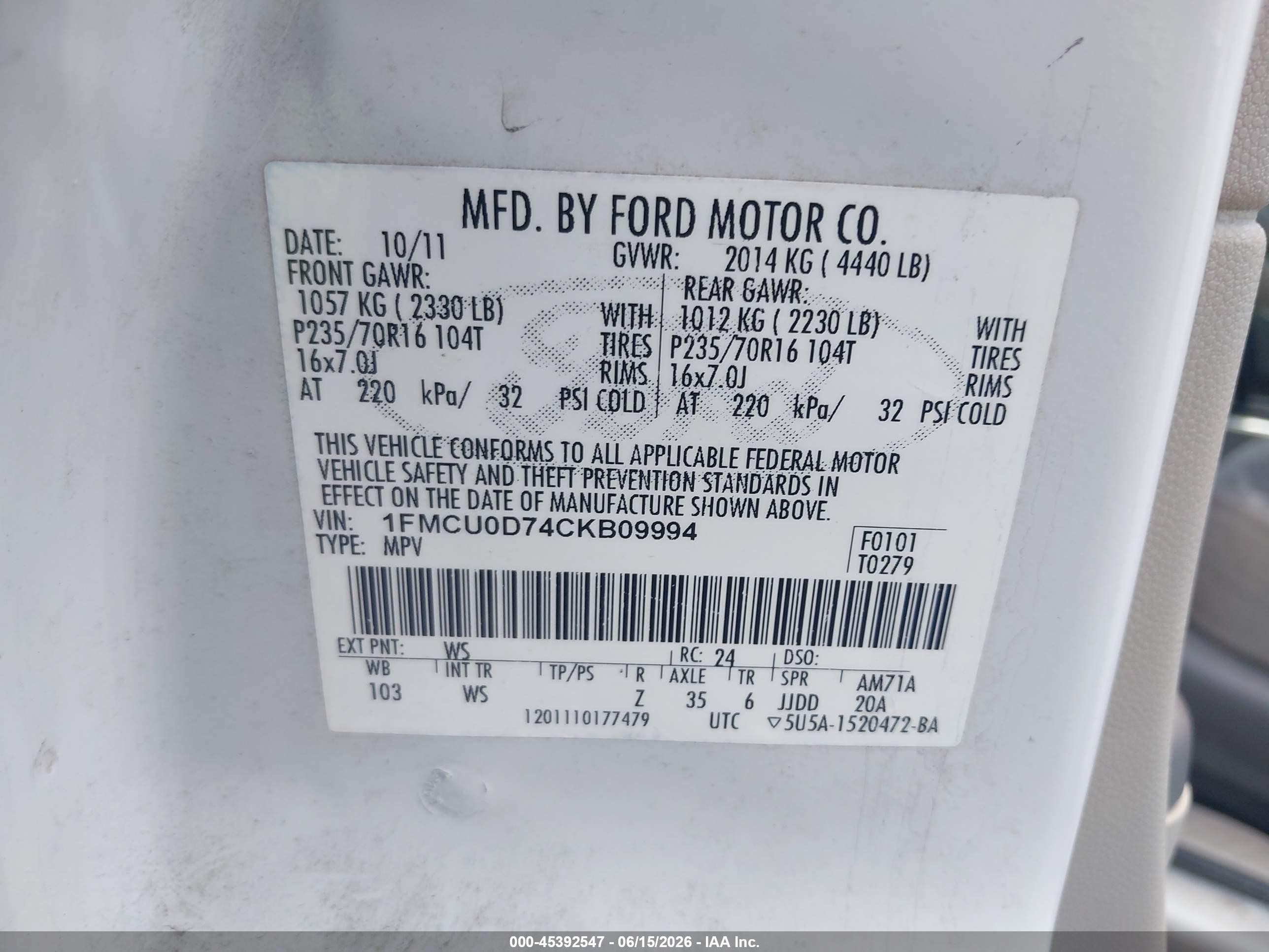 2012 Ford Escape Xlt White vin: 1FMCU0D74CKB09994
