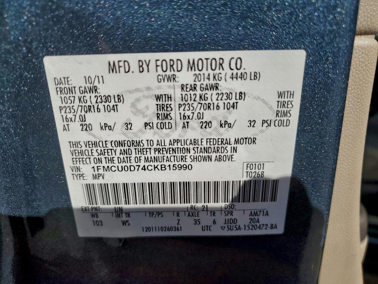 2012 Ford Escape Blue vin: 1FMCU0D74CKB15990