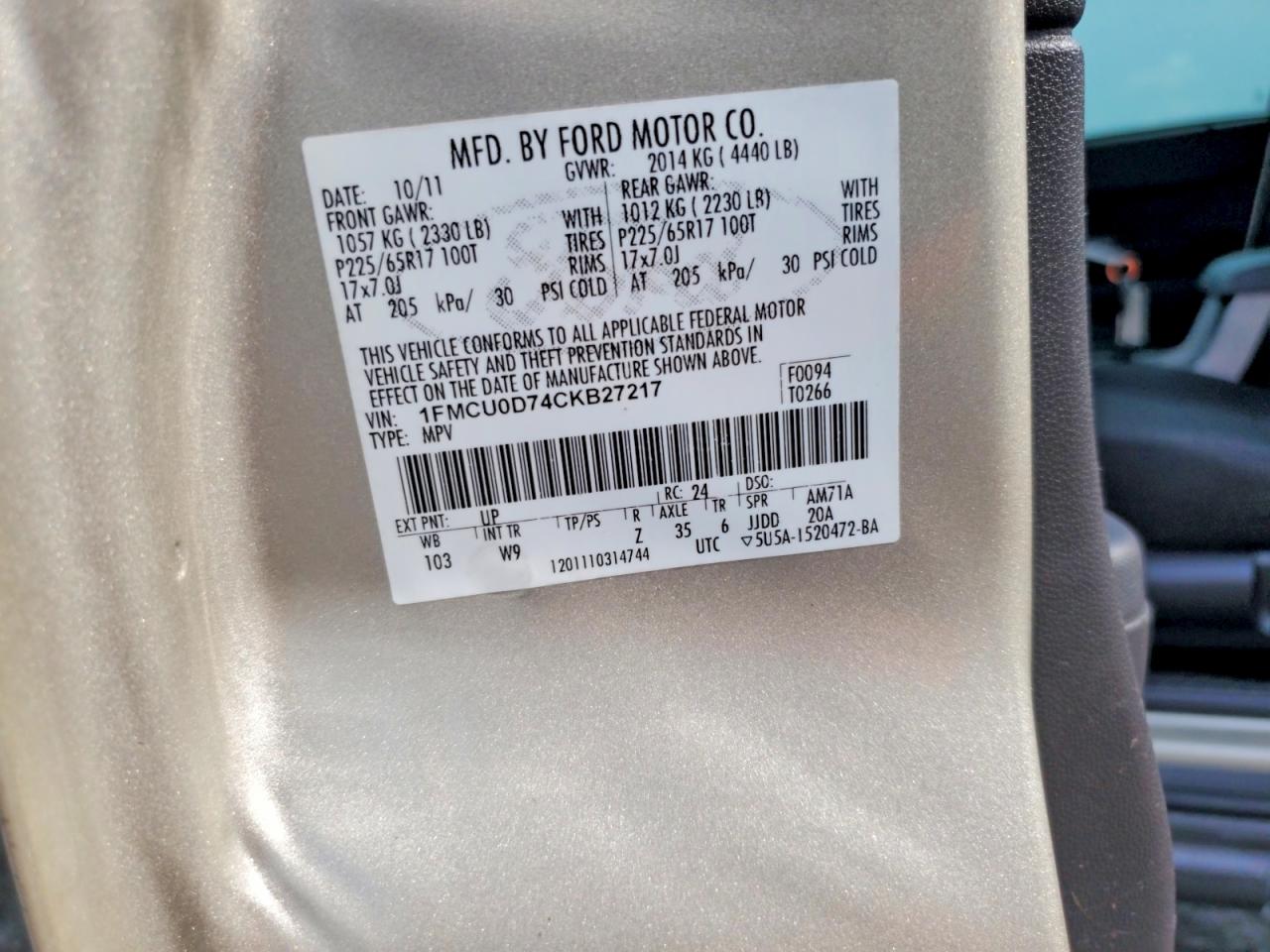 2012 Ford Escape Xlt Cream vin: 1FMCU0D74CKB27217