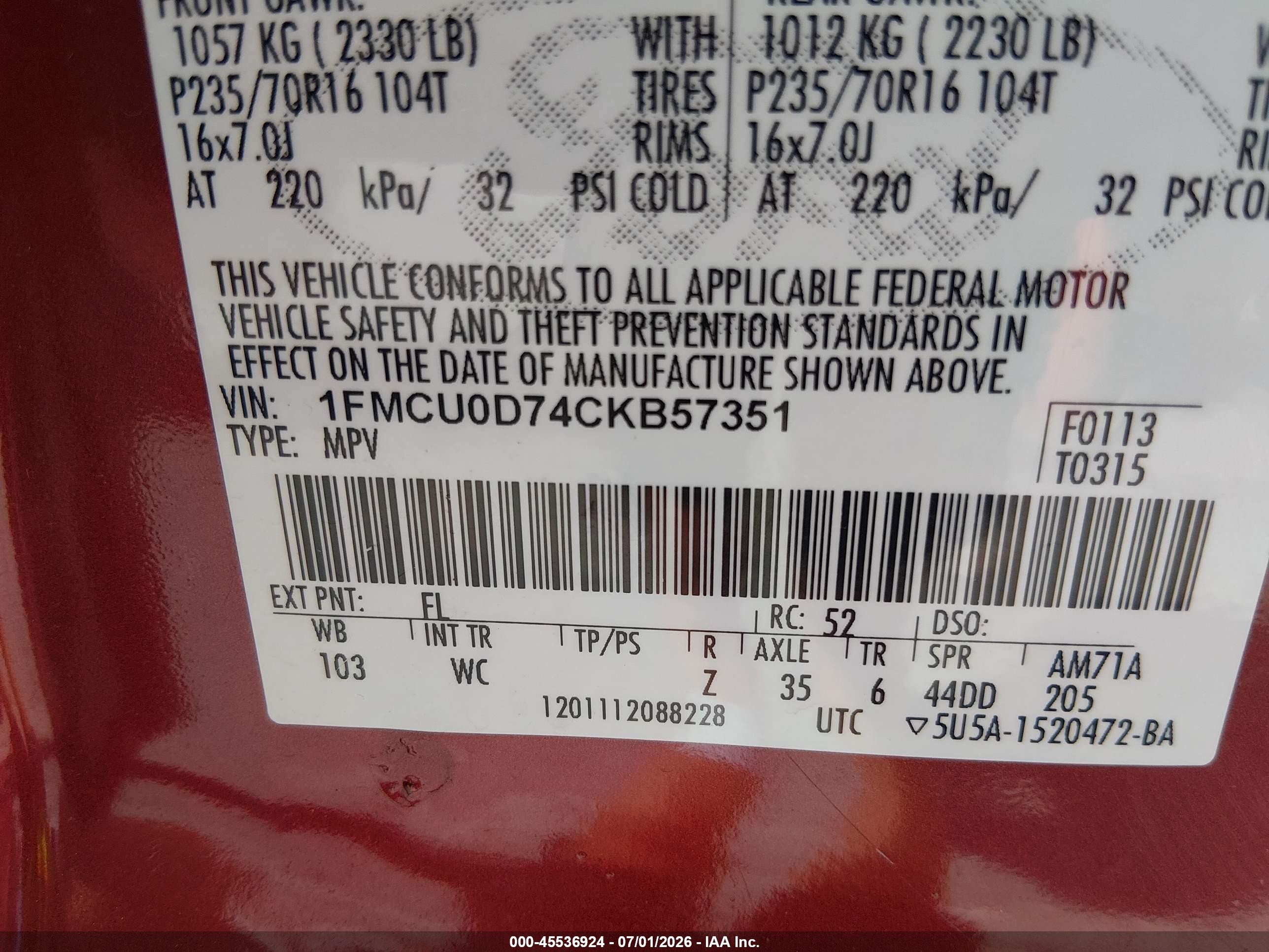 2012 Ford Escape Xlt Red vin: 1FMCU0D74CKB57351