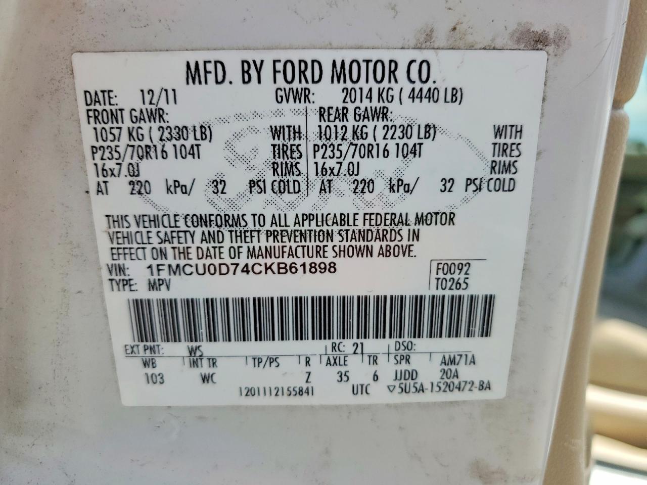 2012 Ford Escape Xlt White vin: 1FMCU0D74CKB61898