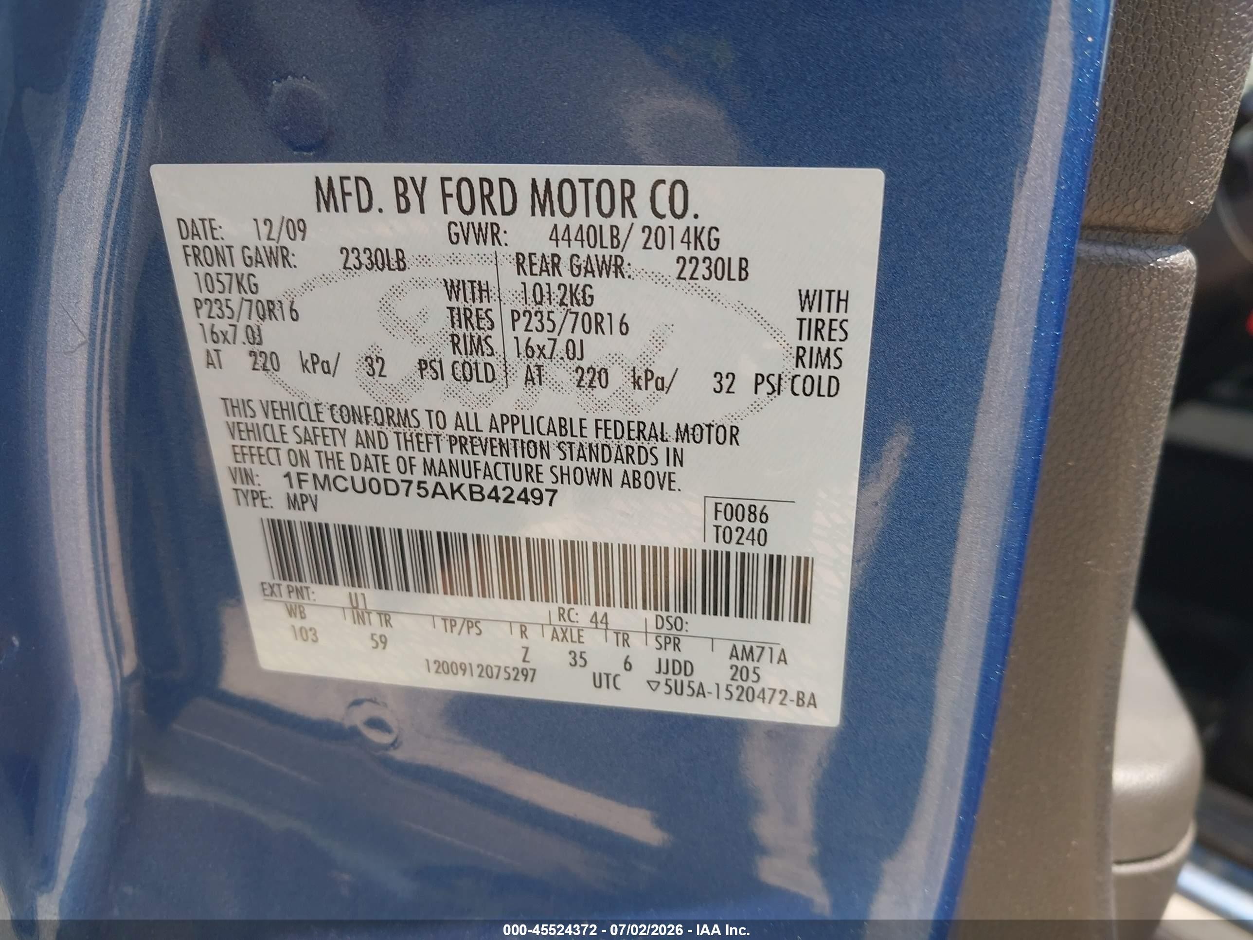 2010 Ford Escape Xlt Blue vin: 1FMCU0D75AKB42497