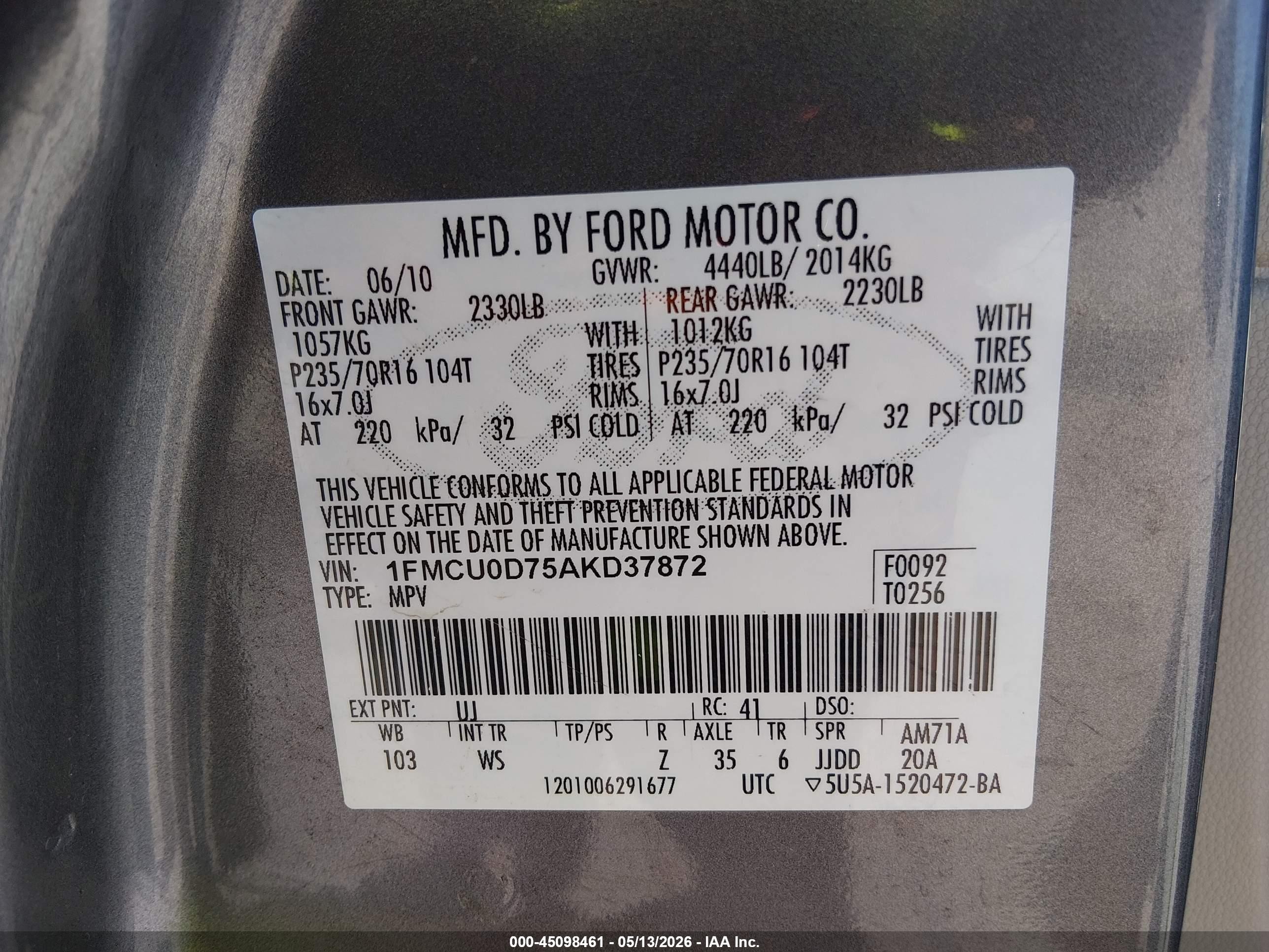 2010 Ford Escape Xlt Gray vin: 1FMCU0D75AKD37872