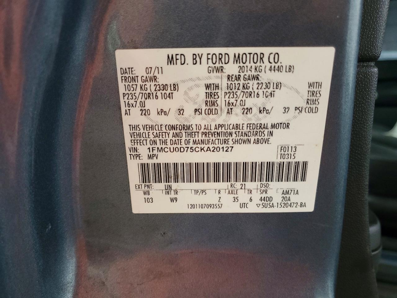 2012 Ford Escape Xlt Blue vin: 1FMCU0D75CKA20127
