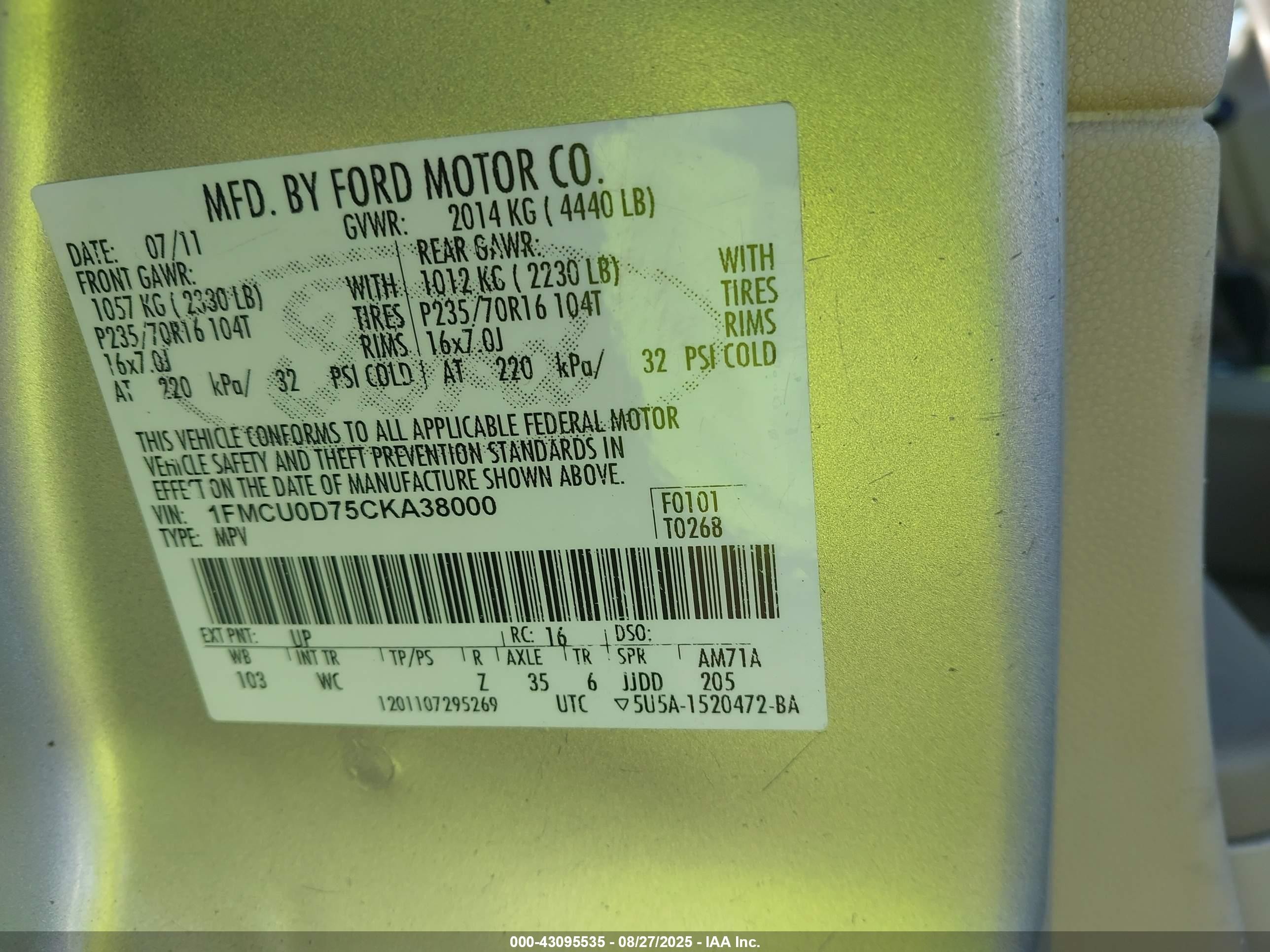 2012 Ford Escape Xlt Gold vin: 1FMCU0D75CKA38000