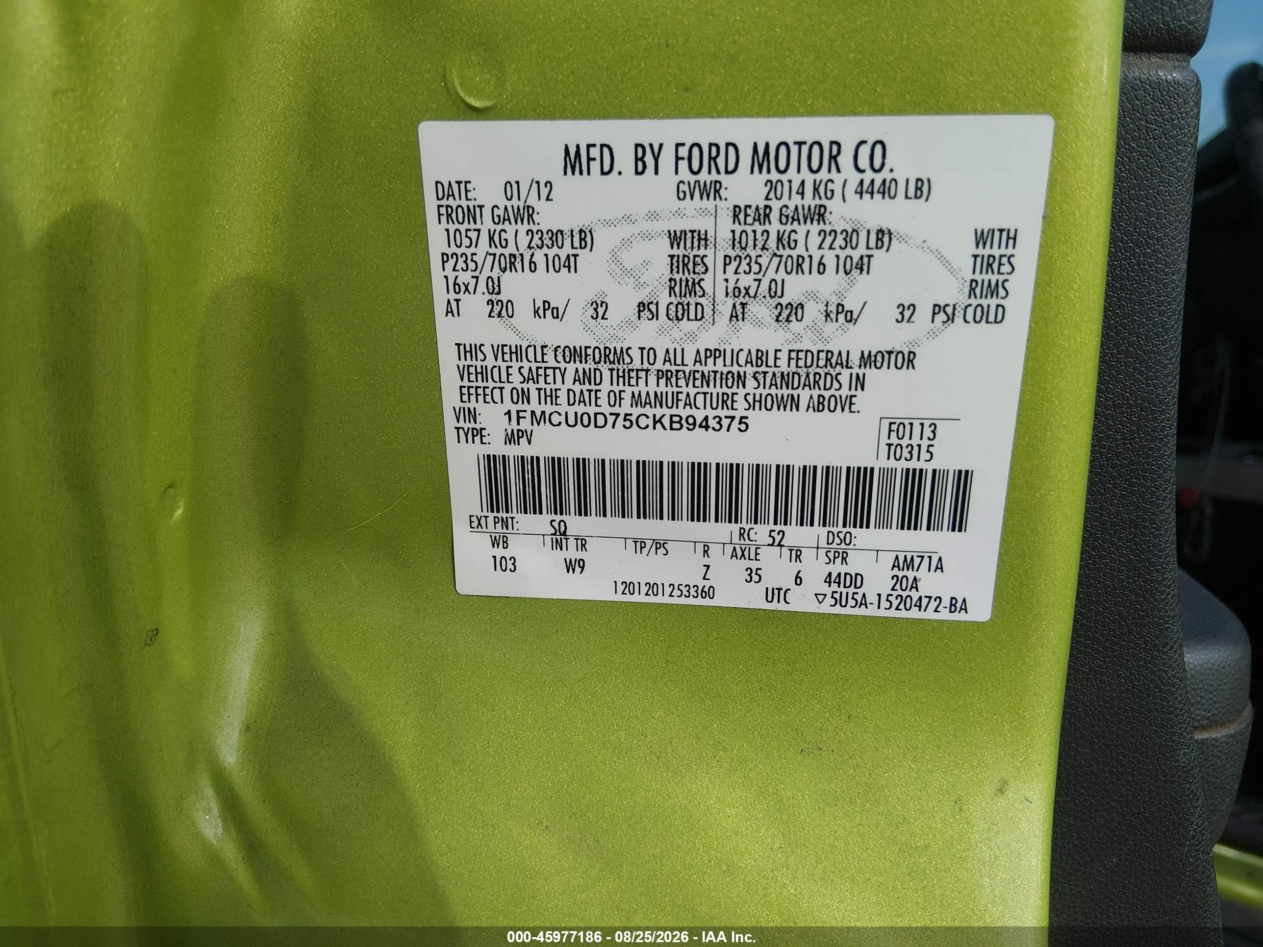 2012 Ford Escape Xlt Green vin: 1FMCU0D75CKB94375