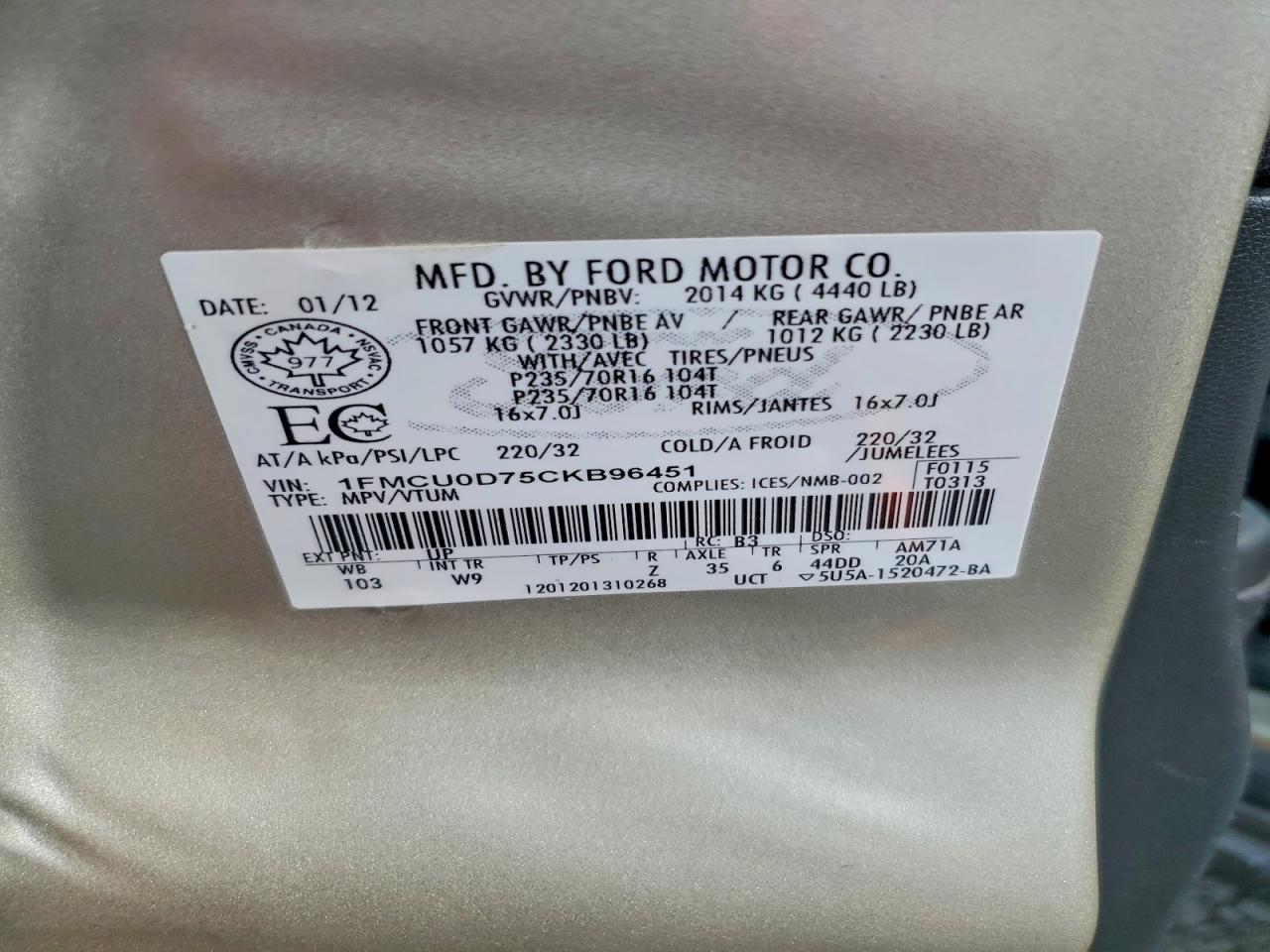 2012 Ford Escape Xlt Beige vin: 1FMCU0D75CKB96451
