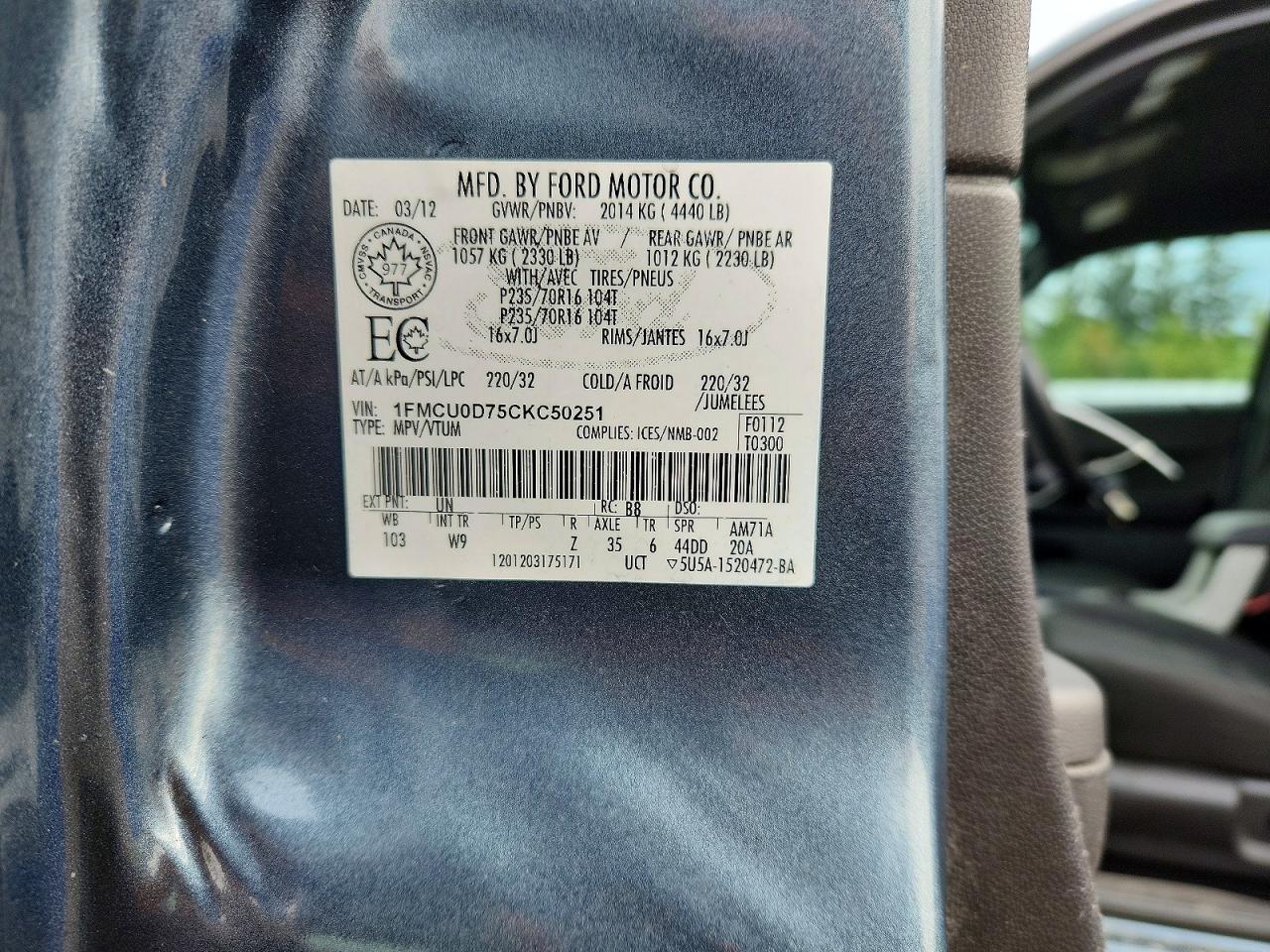 2012 Ford Escape Xlt Blue vin: 1FMCU0D75CKC50251