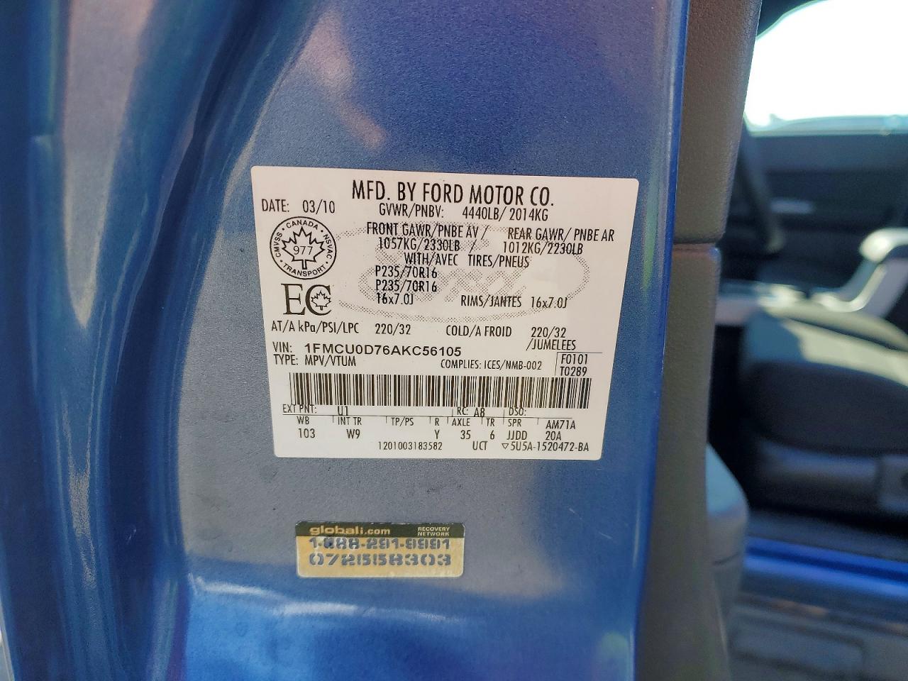 2010 Ford Escape Xlt Blue vin: 1FMCU0D76AKC56105