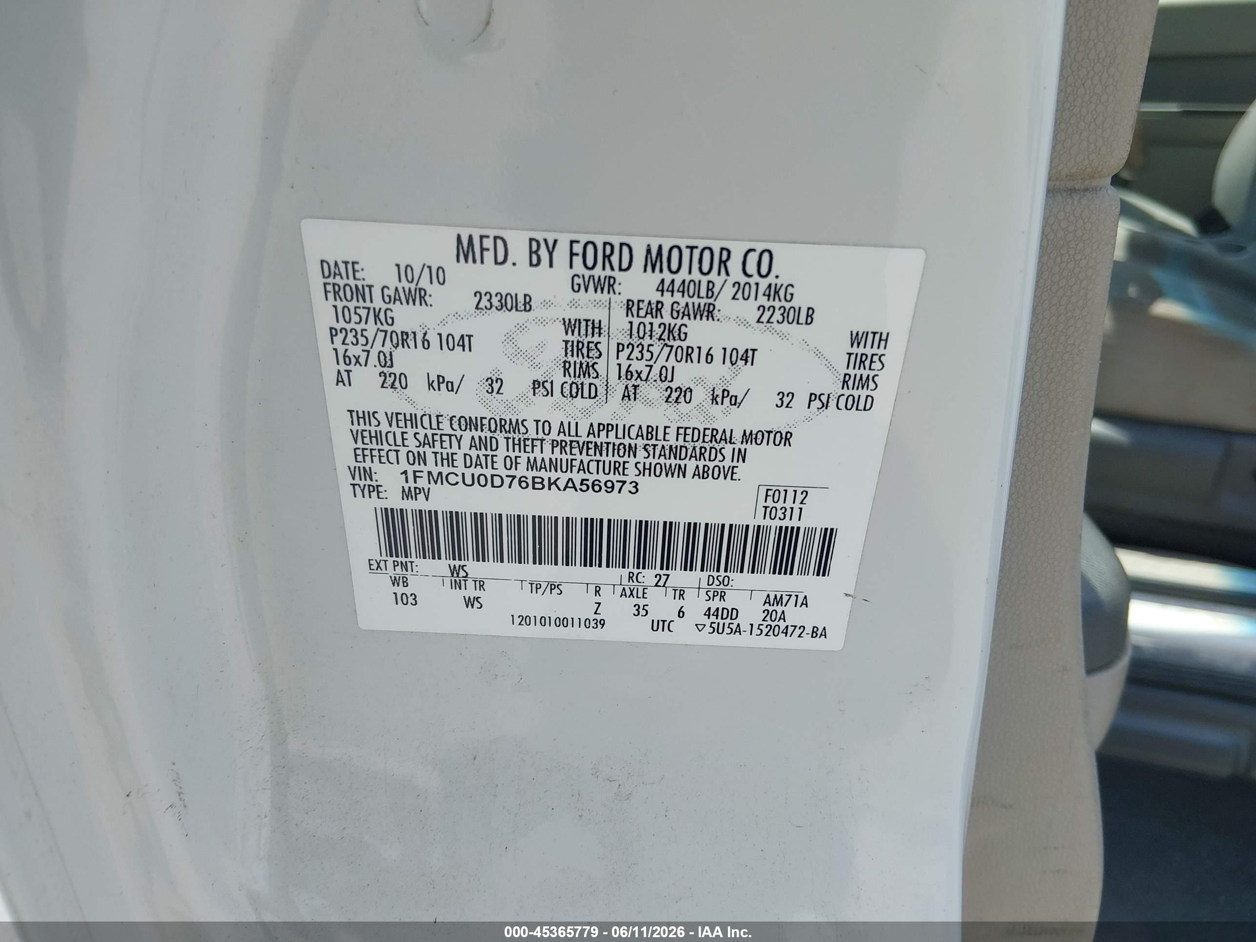 2011 Ford Escape Xlt White vin: 1FMCU0D76BKA56973