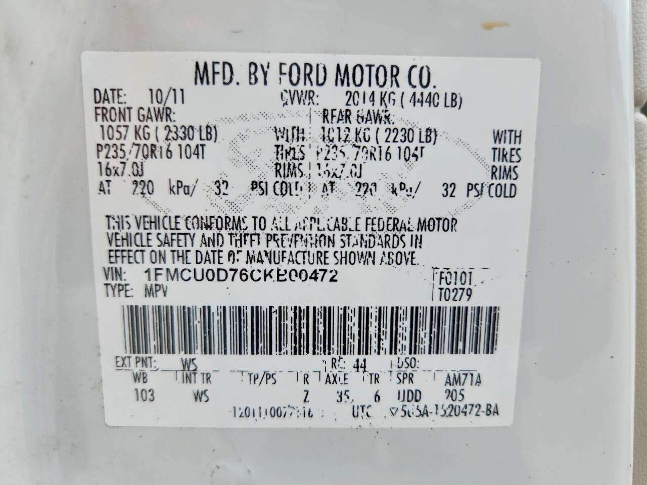 2012 Ford Escape Xlt White vin: 1FMCU0D76CKB00472