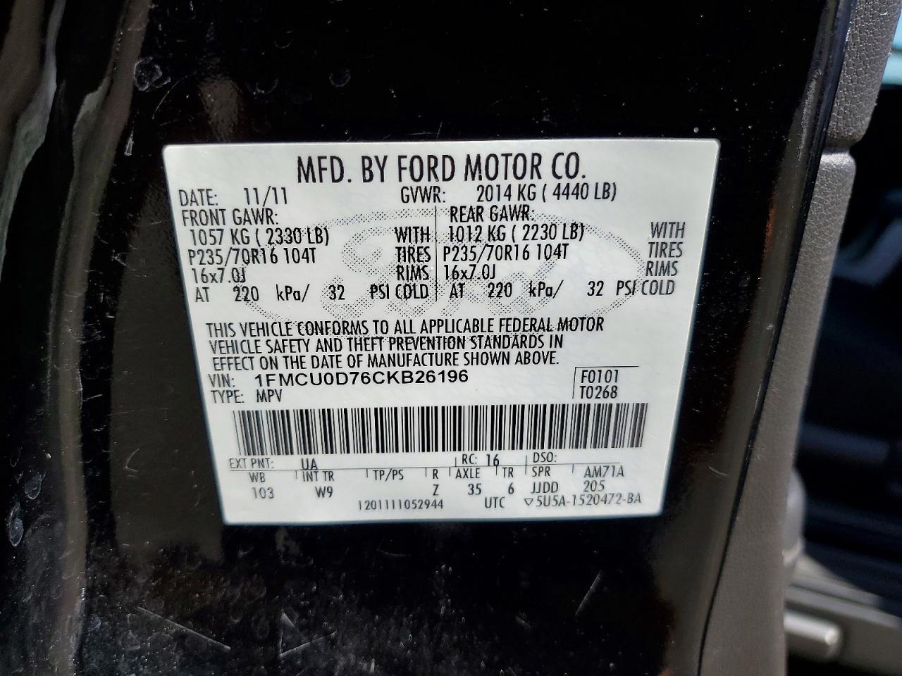 2012 Ford Escape Xlt Black vin: 1FMCU0D76CKB26196