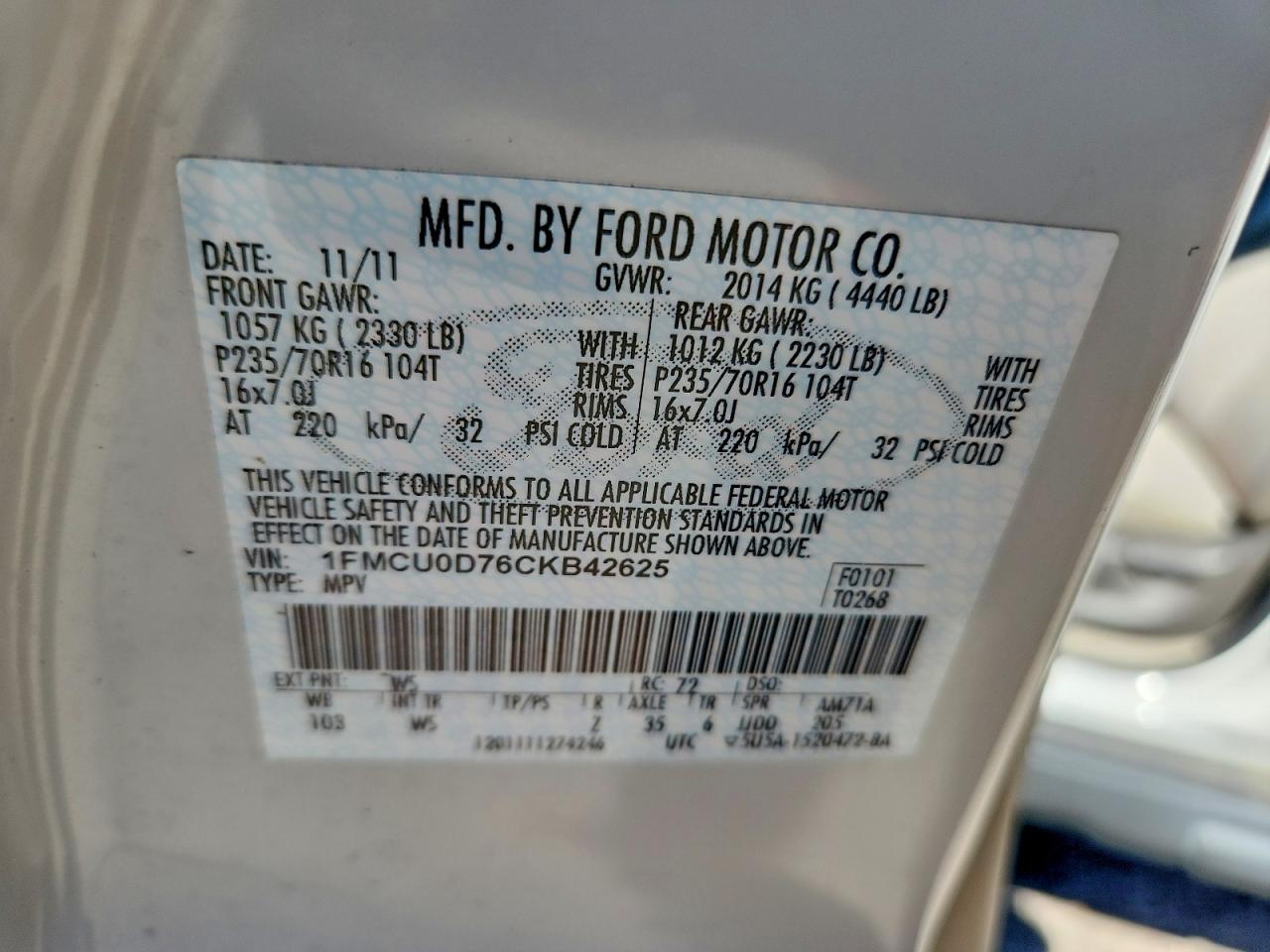 2012 Ford Escape Xlt White vin: 1FMCU0D76CKB42625