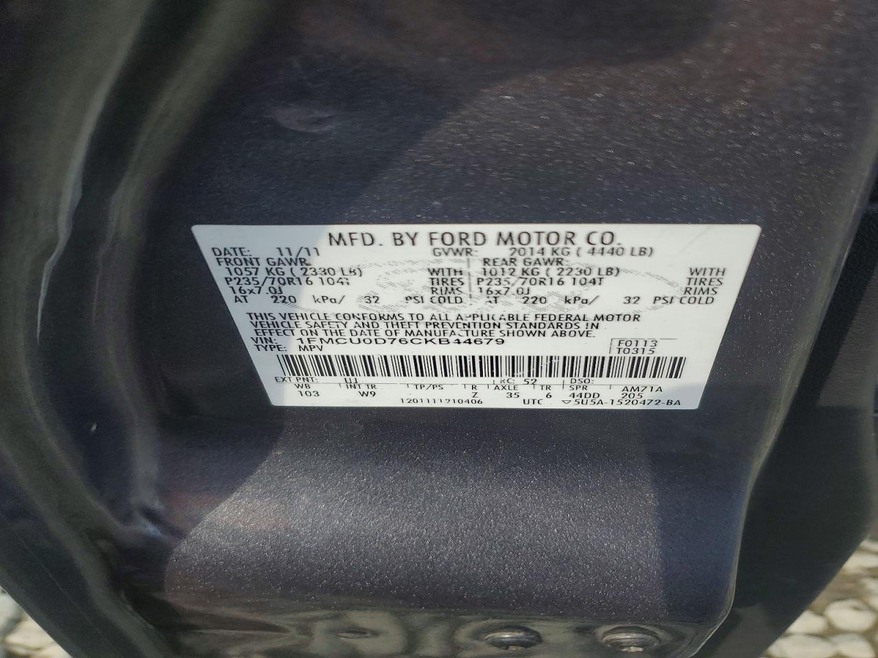 2012 Ford Escape Xlt Gray vin: 1FMCU0D76CKB44679