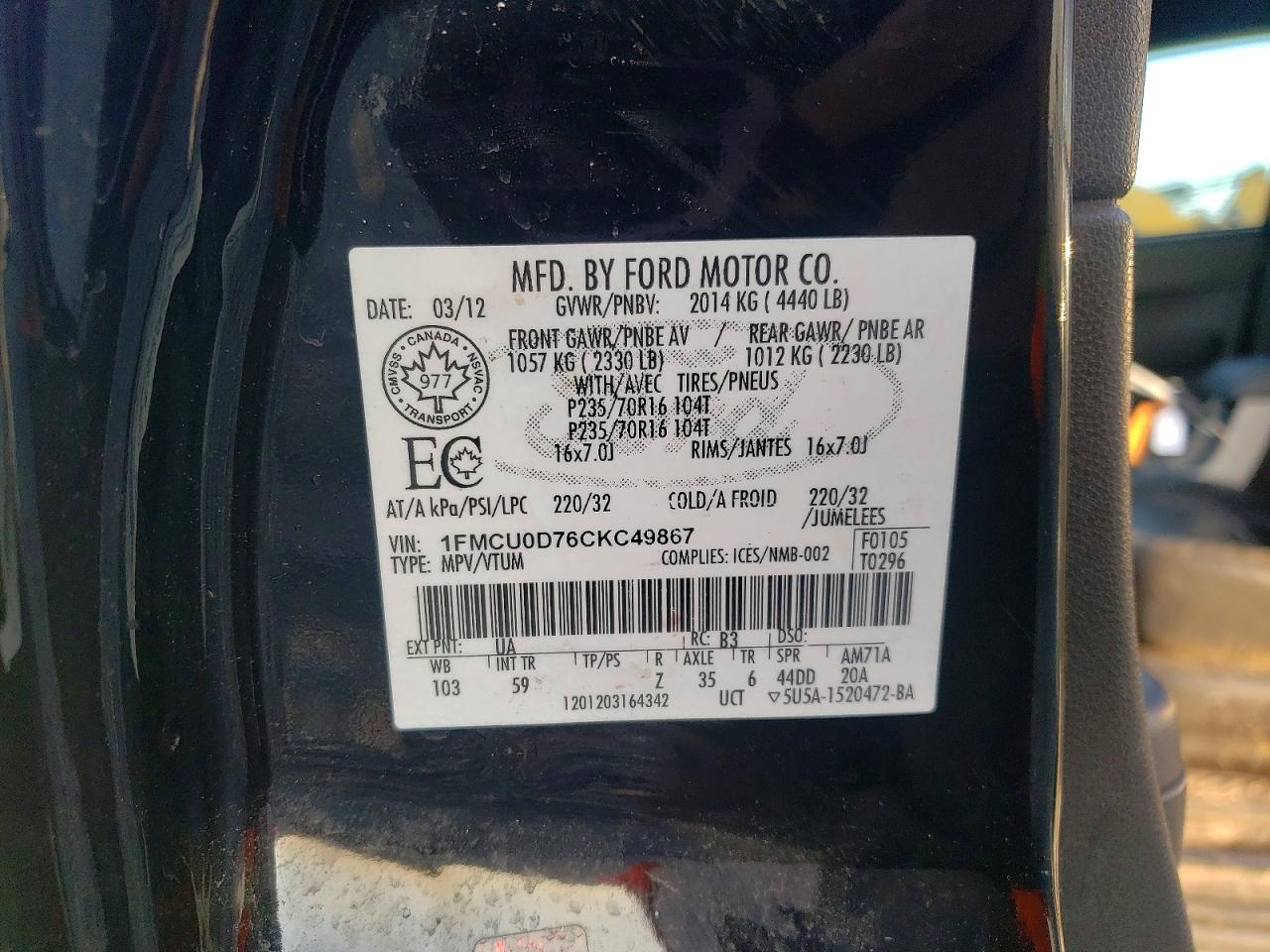 2012 Ford Escape Xlt Black vin: 1FMCU0D76CKC49867