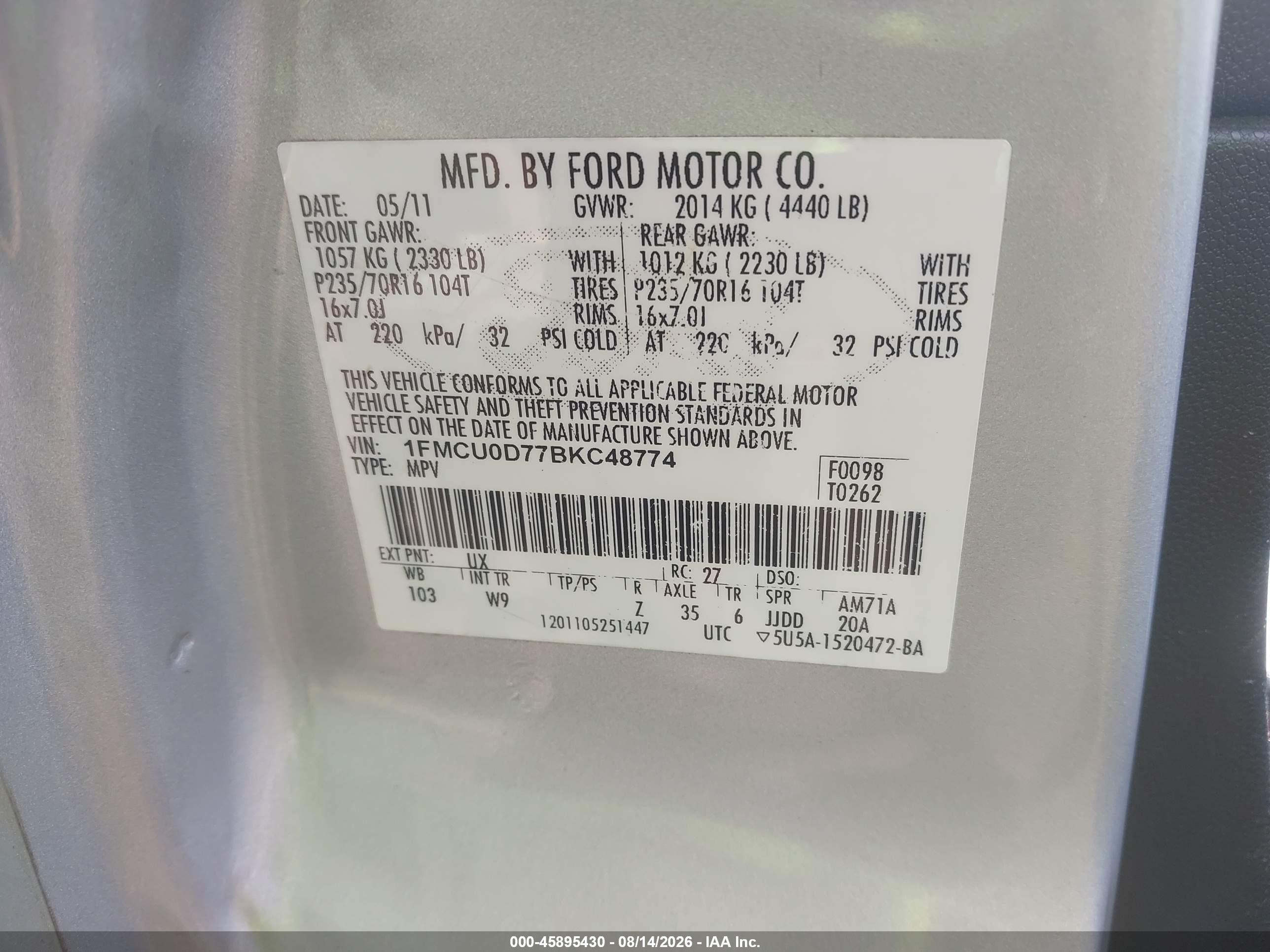 2011 Ford Escape Xlt Серебряный vin: 1FMCU0D77BKC48774