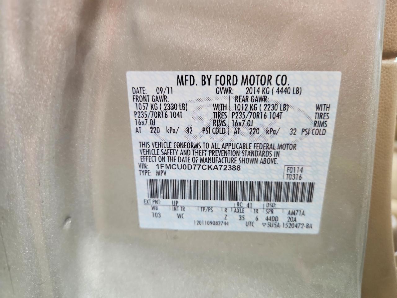 2012 Ford Escape Xlt Tan vin: 1FMCU0D77CKA72388