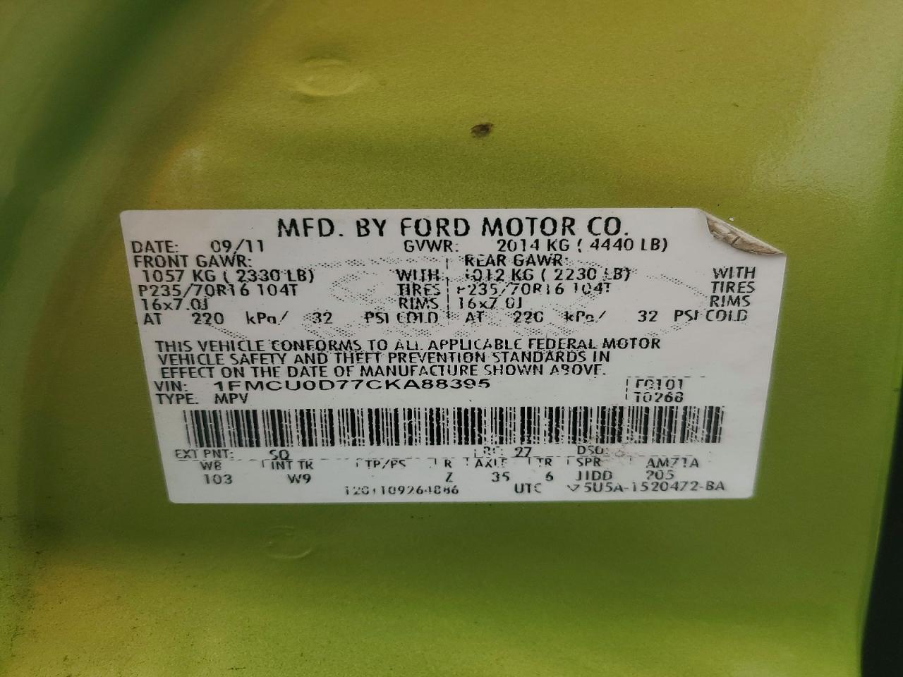2012 Ford Escape Xlt Green vin: 1FMCU0D77CKA88395
