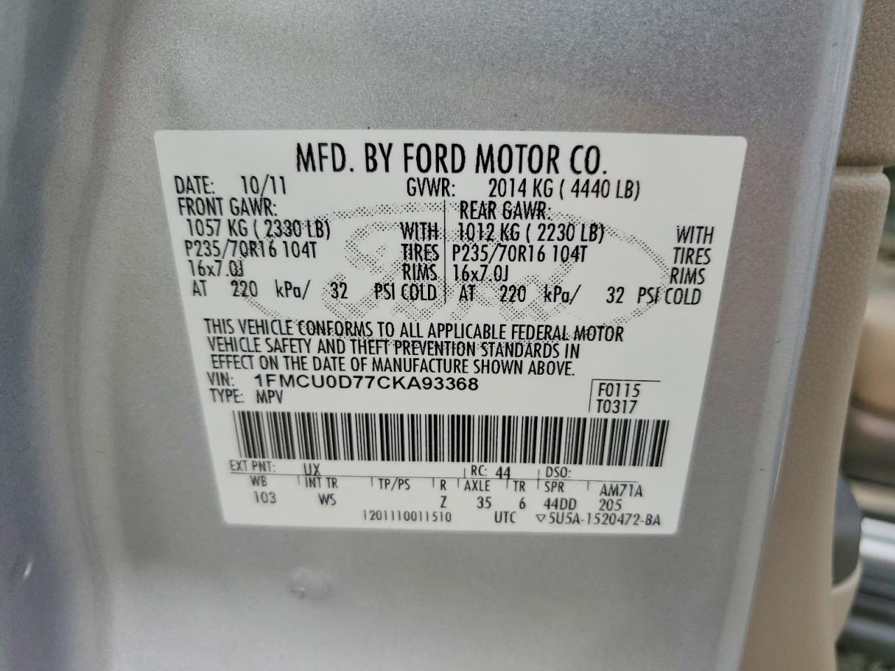 2012 Ford Escape Xlt Silver vin: 1FMCU0D77CKA93368