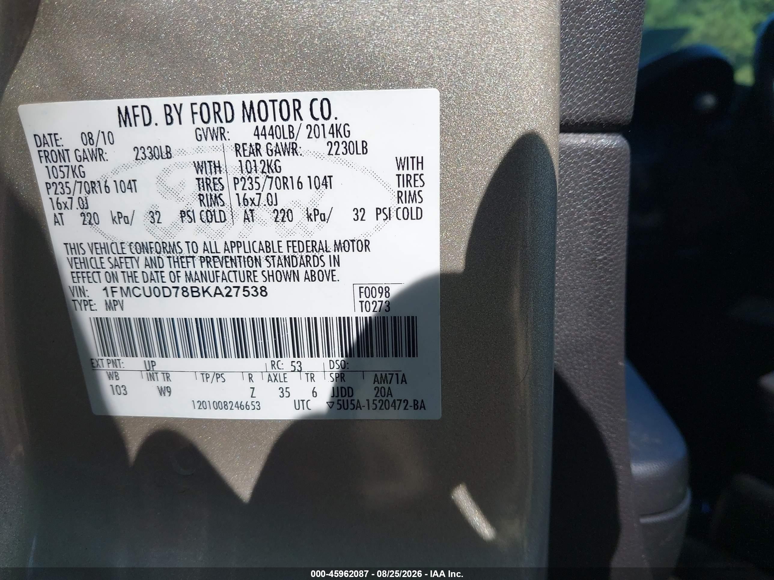 2011 Ford Escape Xlt Champagne vin: 1FMCU0D78BKA27538